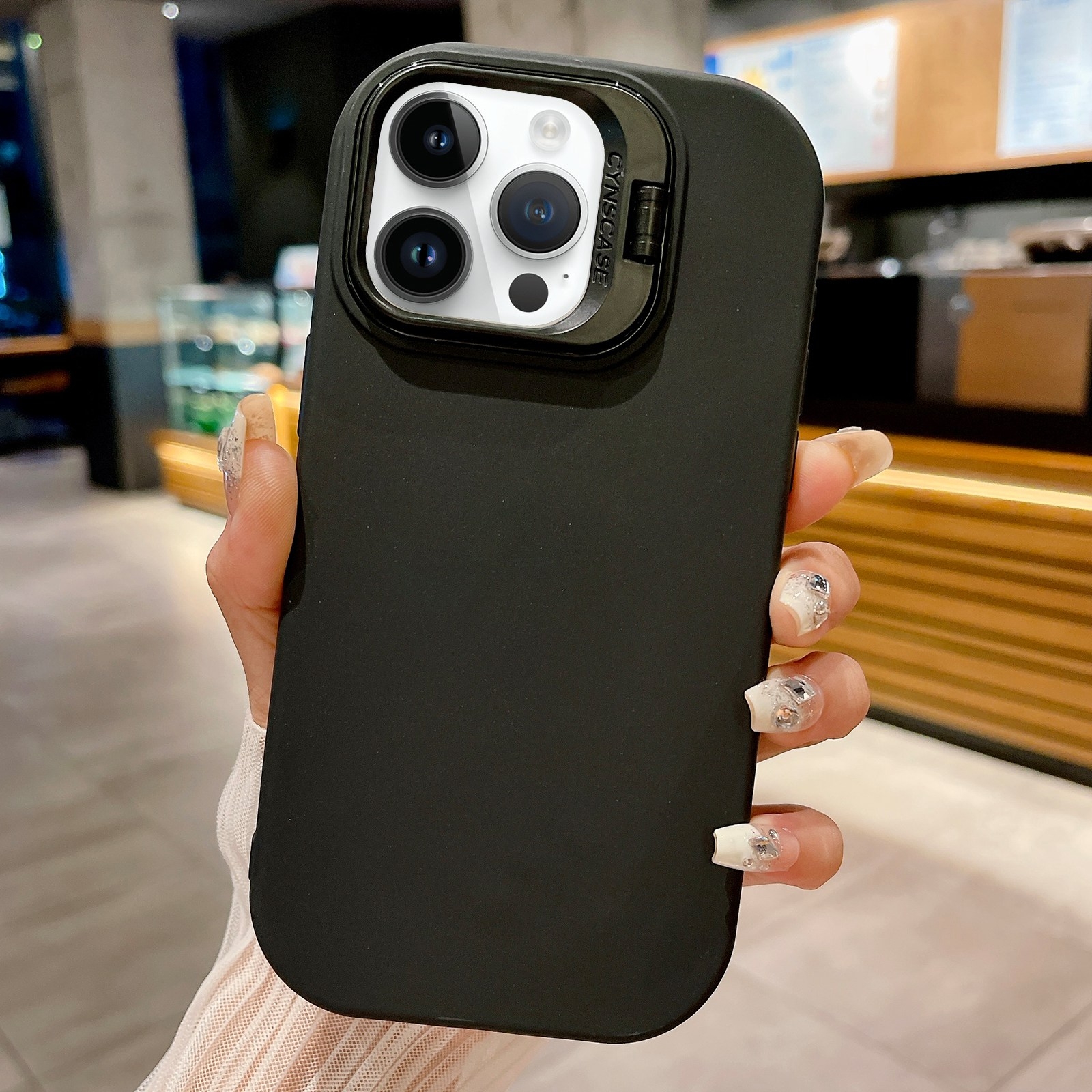 For iPhone 14 Pro Lens Holder Skin Feel TPU Phone Case(Black) - Shopkiz.com