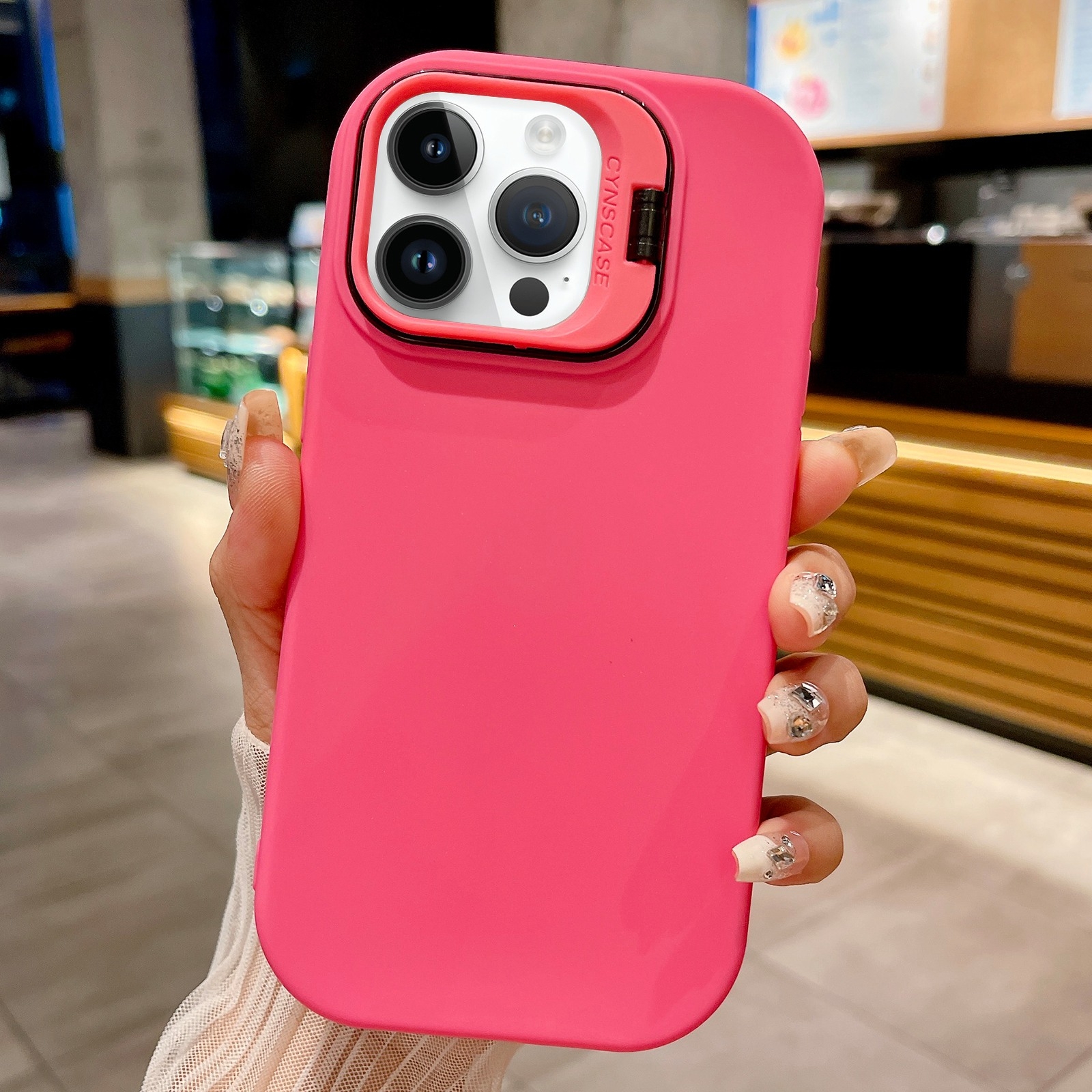 For iPhone 14 Pro Lens Holder Skin Feel TPU Phone Case(Rose Red) - Shopkiz.com