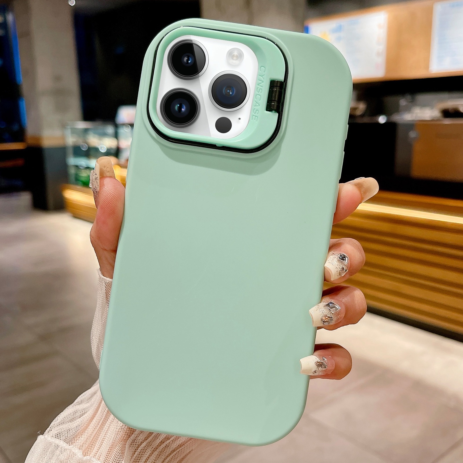 For iPhone 14 Pro Lens Holder Skin Feel TPU Phone Case(Light Cyan) - Shopkiz.com