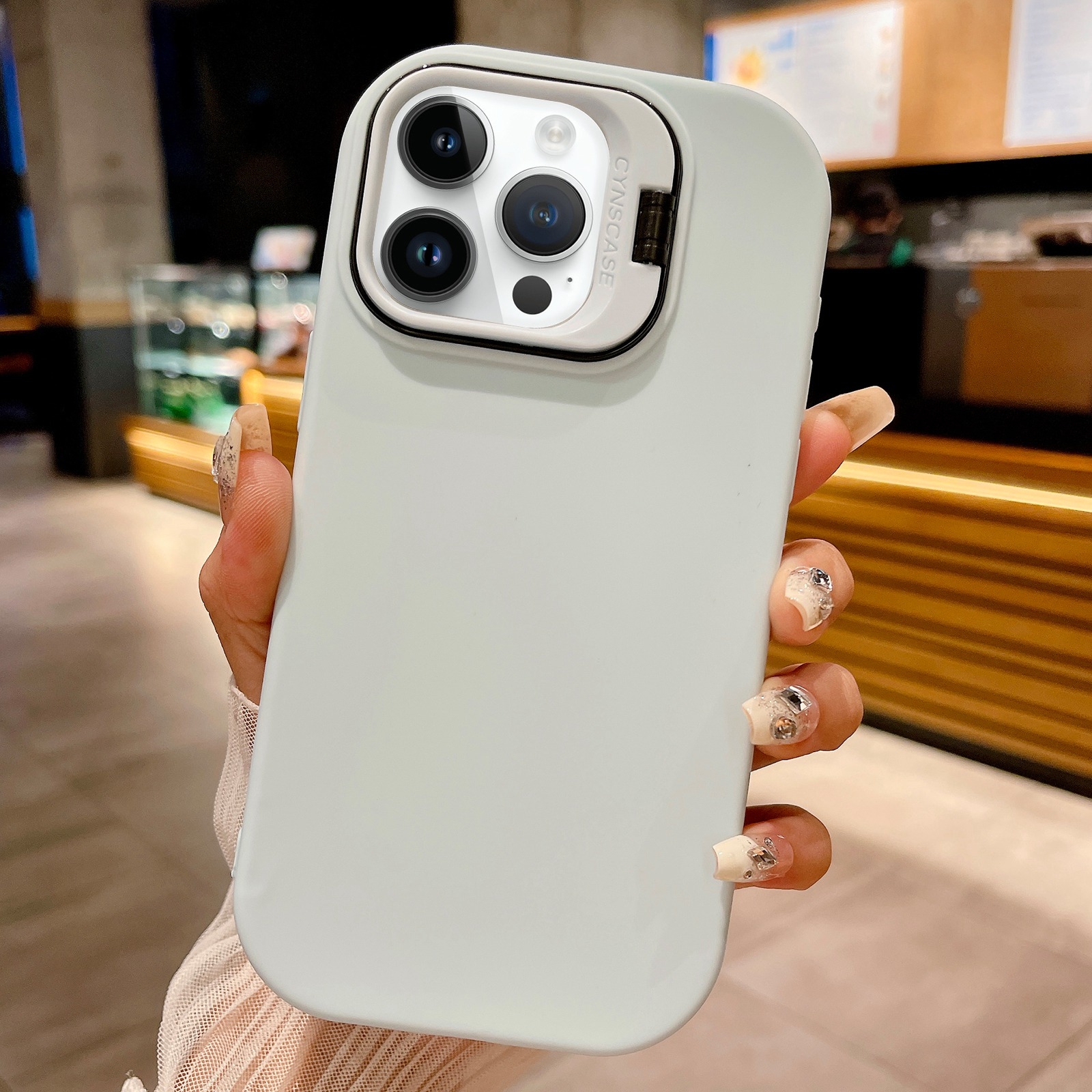 For iPhone 14 Pro Max Lens Holder Skin Feel TPU Phone Case(White) - Shopkiz.com