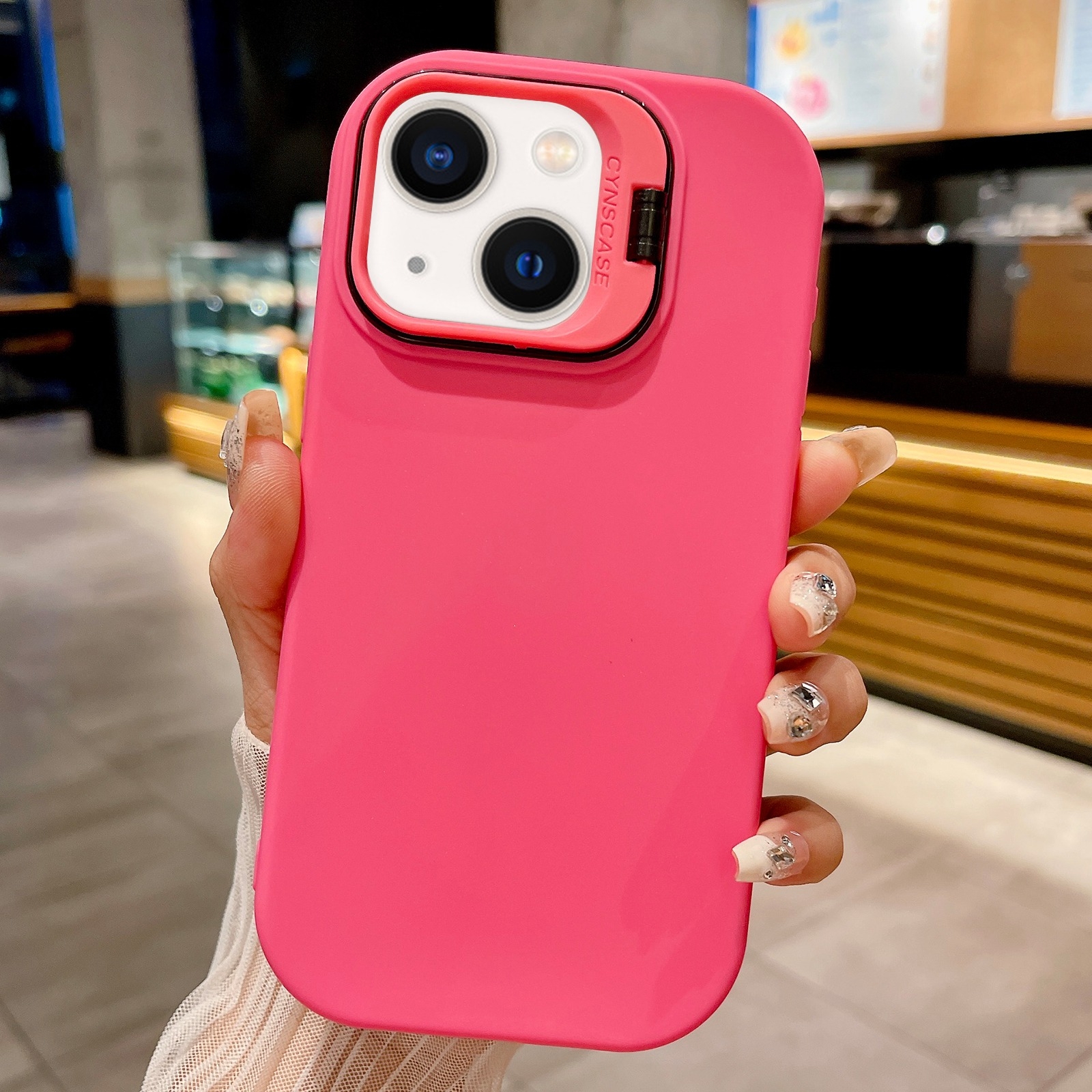 For iPhone 13 Lens Holder Skin Feel TPU Phone Case(Rose Red) - Shopkiz.com