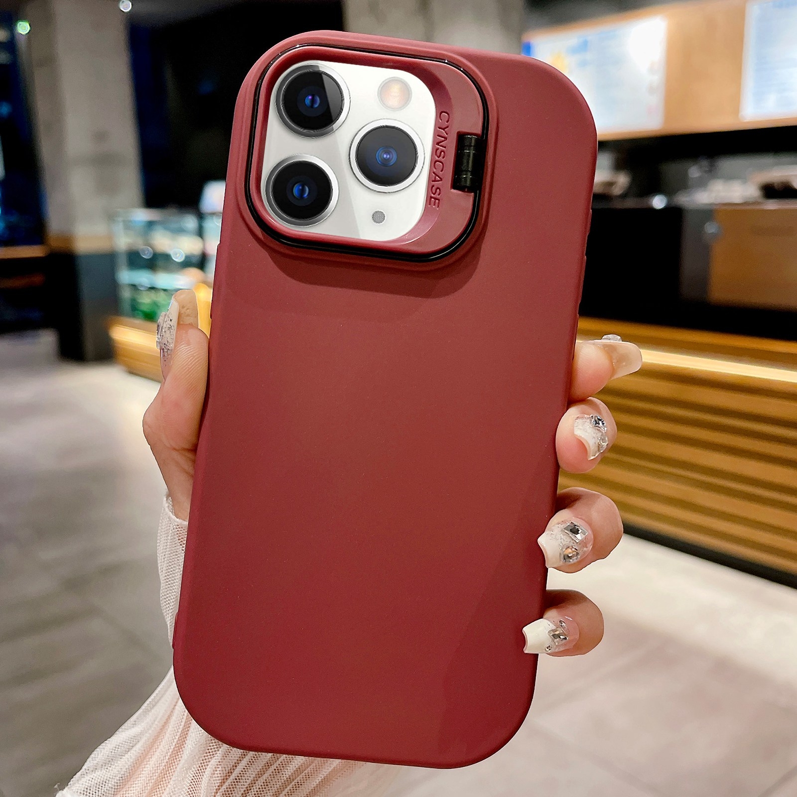 For iPhone 11 Pro Max Lens Holder Skin Feel TPU Phone Case(Wine Red) - Shopkiz.com