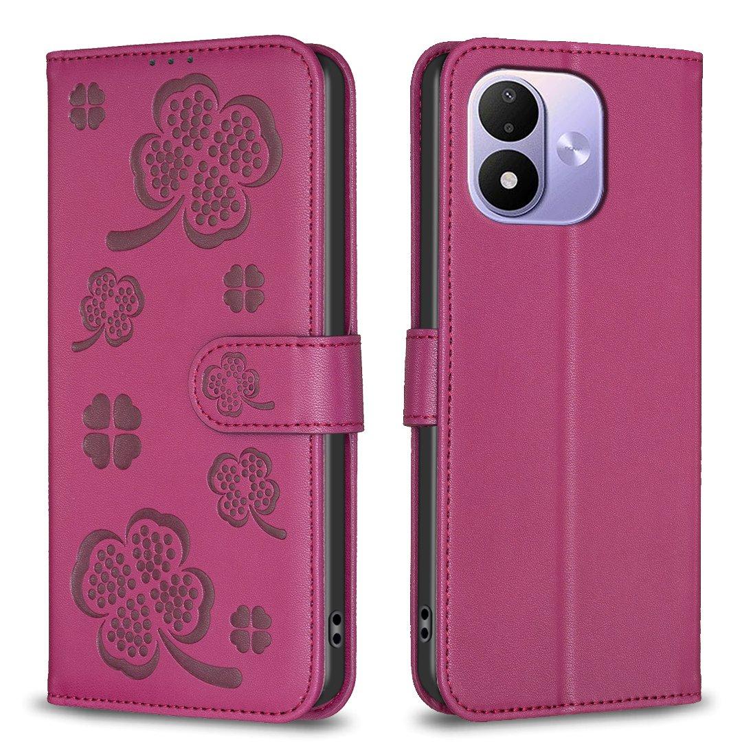 For Redmi Note 17 4G Global 171mm Four-leaf Embossed Leather Phone Case(Rose Red) - Shopkiz.com