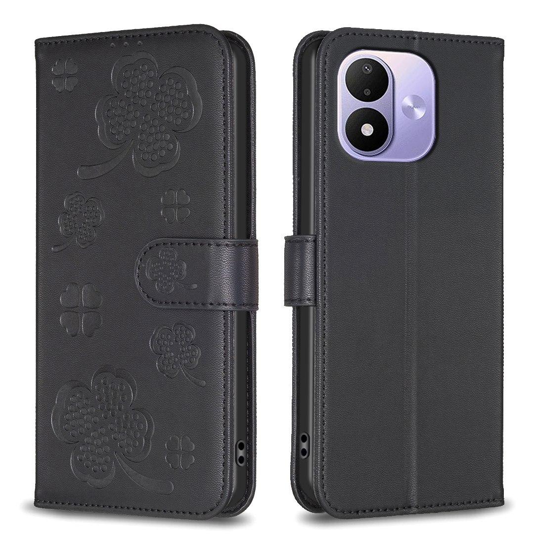 For Redmi Note 17 4G Global 171mm Four-leaf Embossed Leather Phone Case(Black) - Shopkiz.com