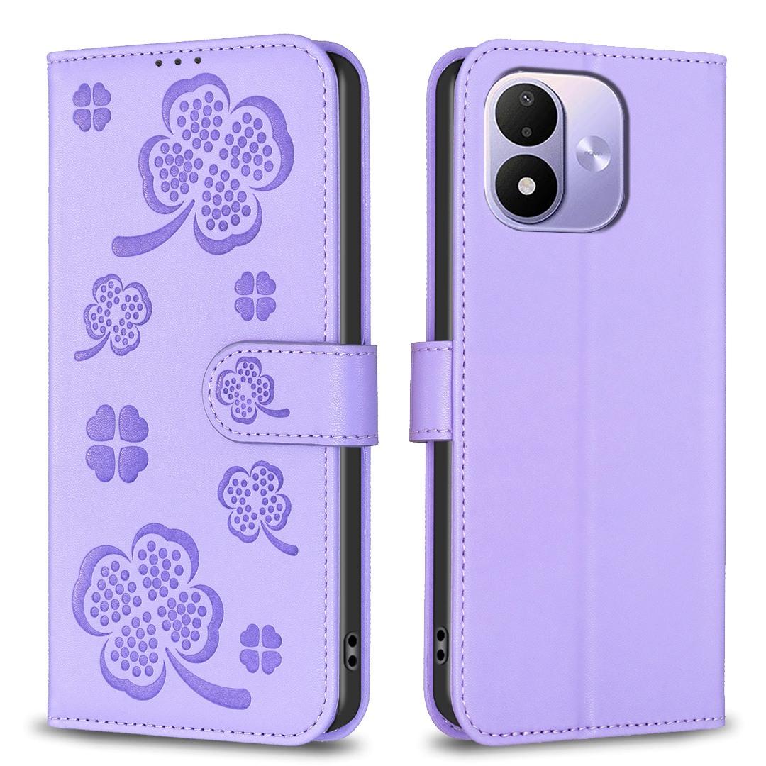 For Redmi Note 17 4G Global 171mm Four-leaf Embossed Leather Phone Case(Purple) - Shopkiz.com