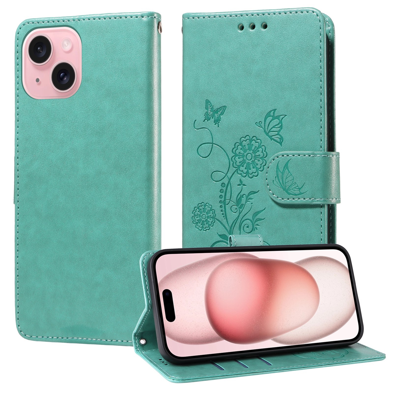 For iPhone 15 Plus Embossed Butterfly Flowers Leather Phone Case(Green) - Shopkiz.com