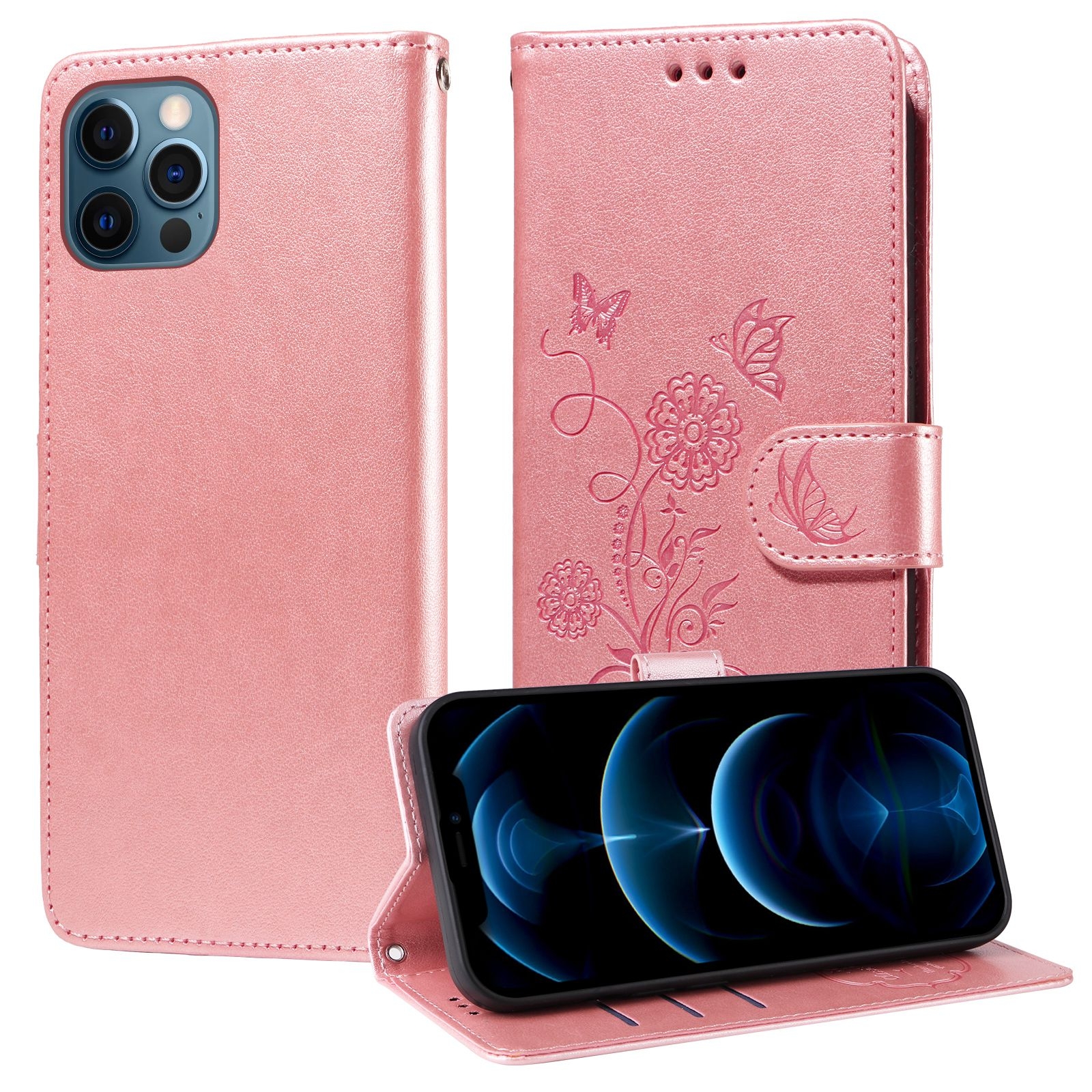 For iPhone 12 / 12 Pro Embossed Butterfly Flowers Leather Phone Case(Rose Gold) - Shopkiz.com