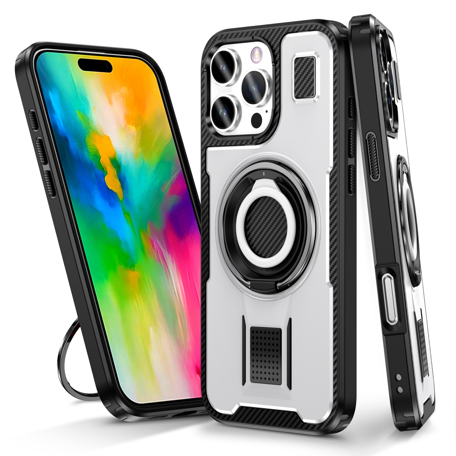 For iPhone 16 Pro Max Ring Holder Carbon Fiber PC Hybrid TPU Phone Case(White) - Shopkiz.com