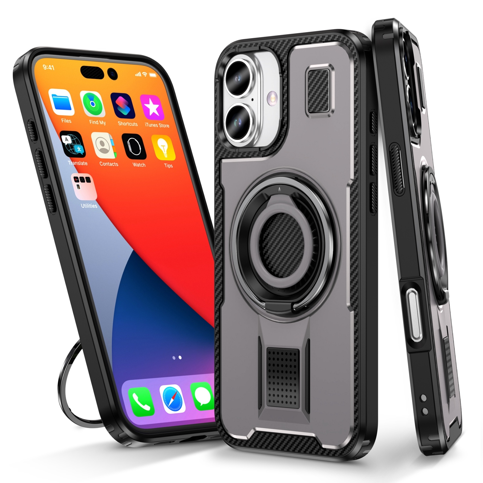 For iPhone 16 Plus Ring Holder Carbon Fiber PC Hybrid TPU Phone Case(Grey) - Shopkiz.com