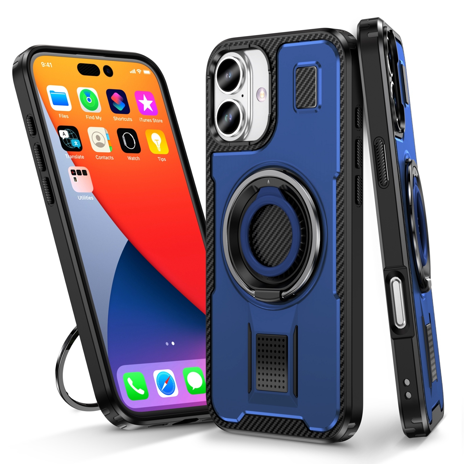 For iPhone 16 Plus Ring Holder Carbon Fiber PC Hybrid TPU Phone Case(Blue) - Shopkiz.com