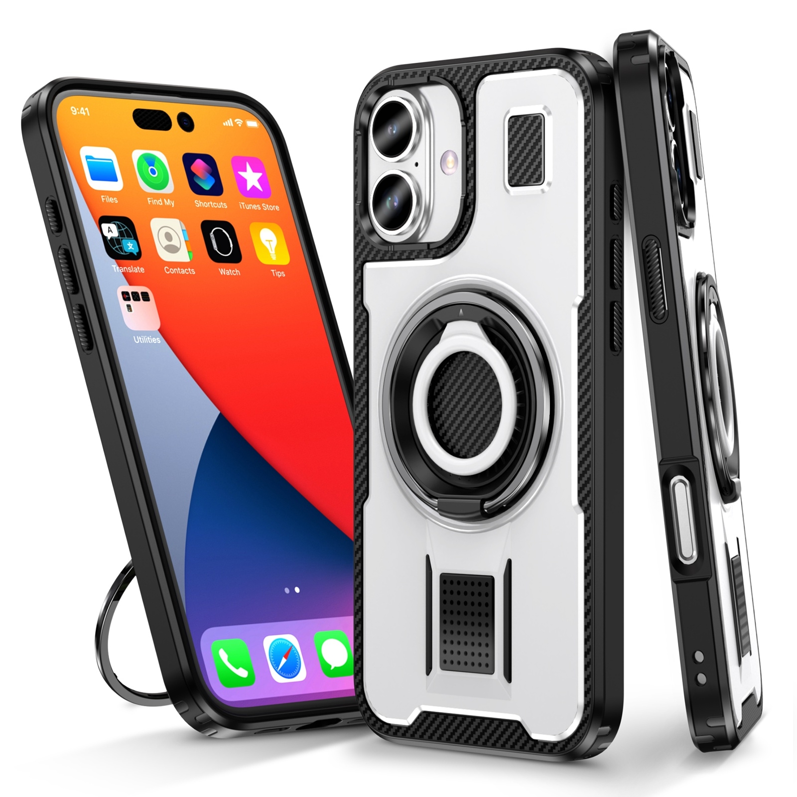 For iPhone 16 Ring Holder Carbon Fiber PC Hybrid TPU Phone Case(White) - Shopkiz.com