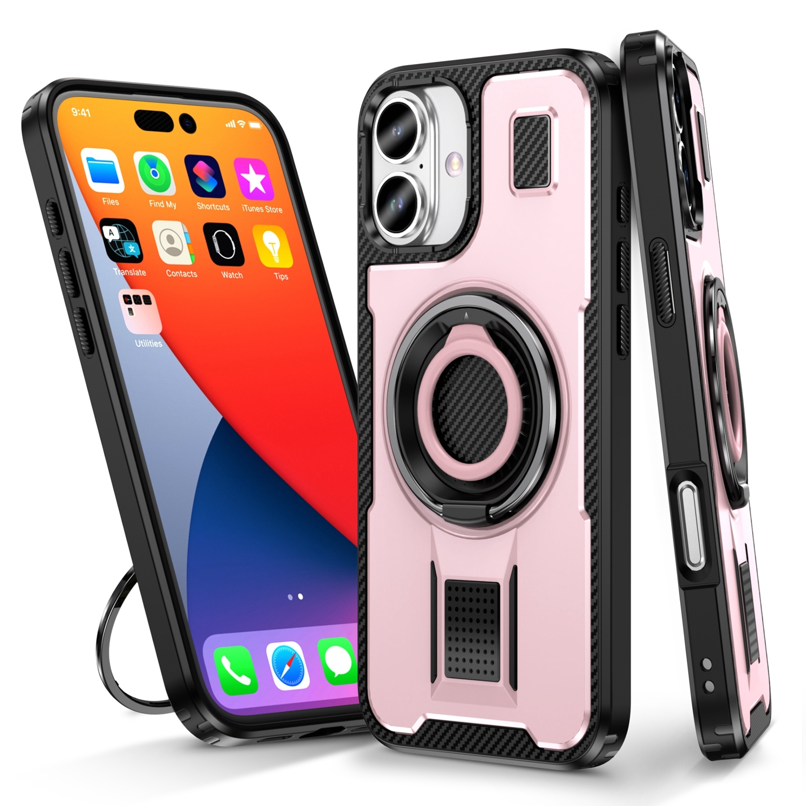 For iPhone 16 Ring Holder Carbon Fiber PC Hybrid TPU Phone Case(Rose Gold) - Shopkiz.com