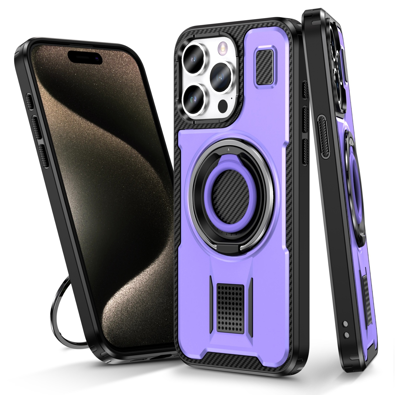 For iPhone 15 Pro Max Ring Holder Carbon Fiber PC Hybrid TPU Phone Case(Purple) - Shopkiz.com