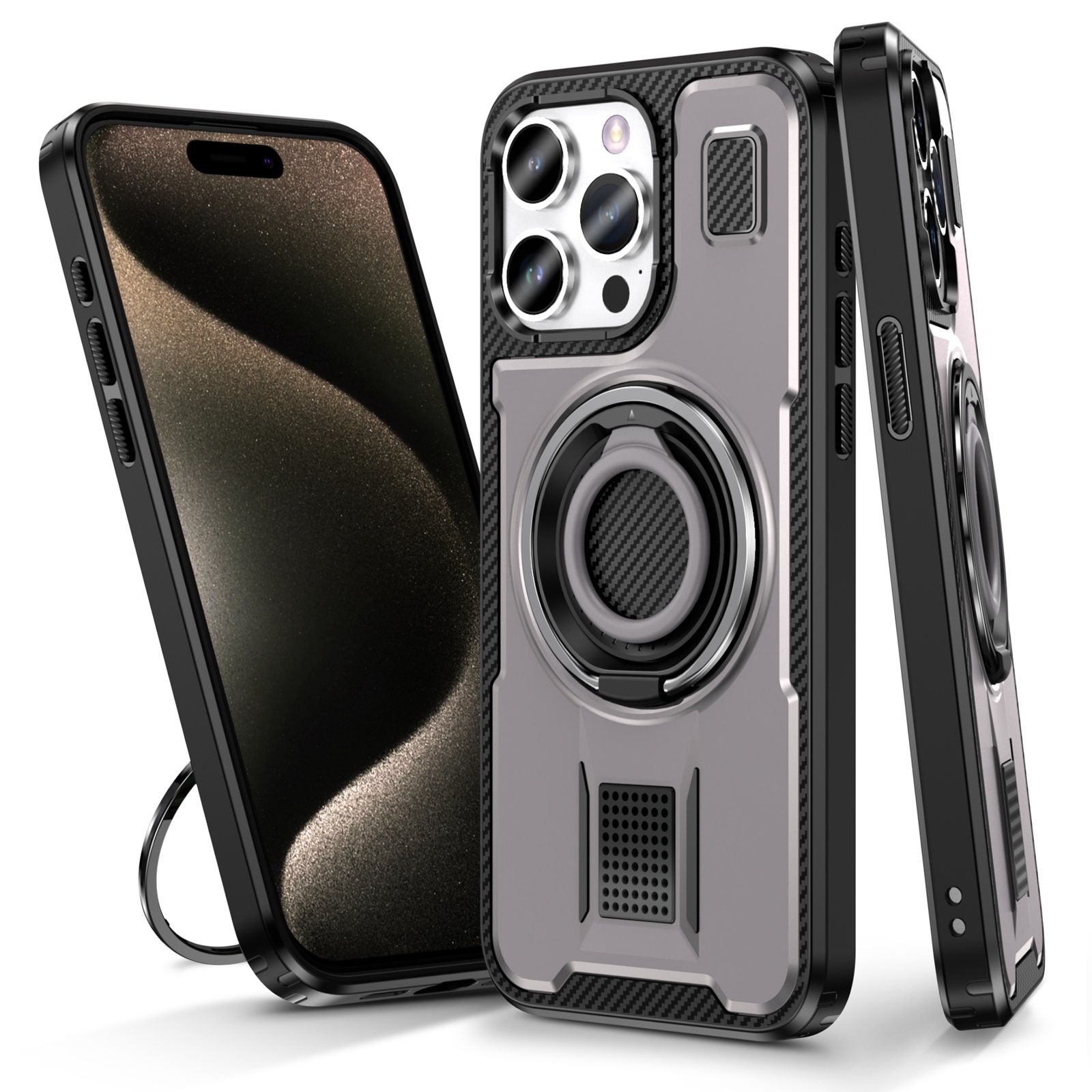 For iPhone 15 Pro Ring Holder Carbon Fiber PC Hybrid TPU Phone Case(Grey) - Shopkiz.com