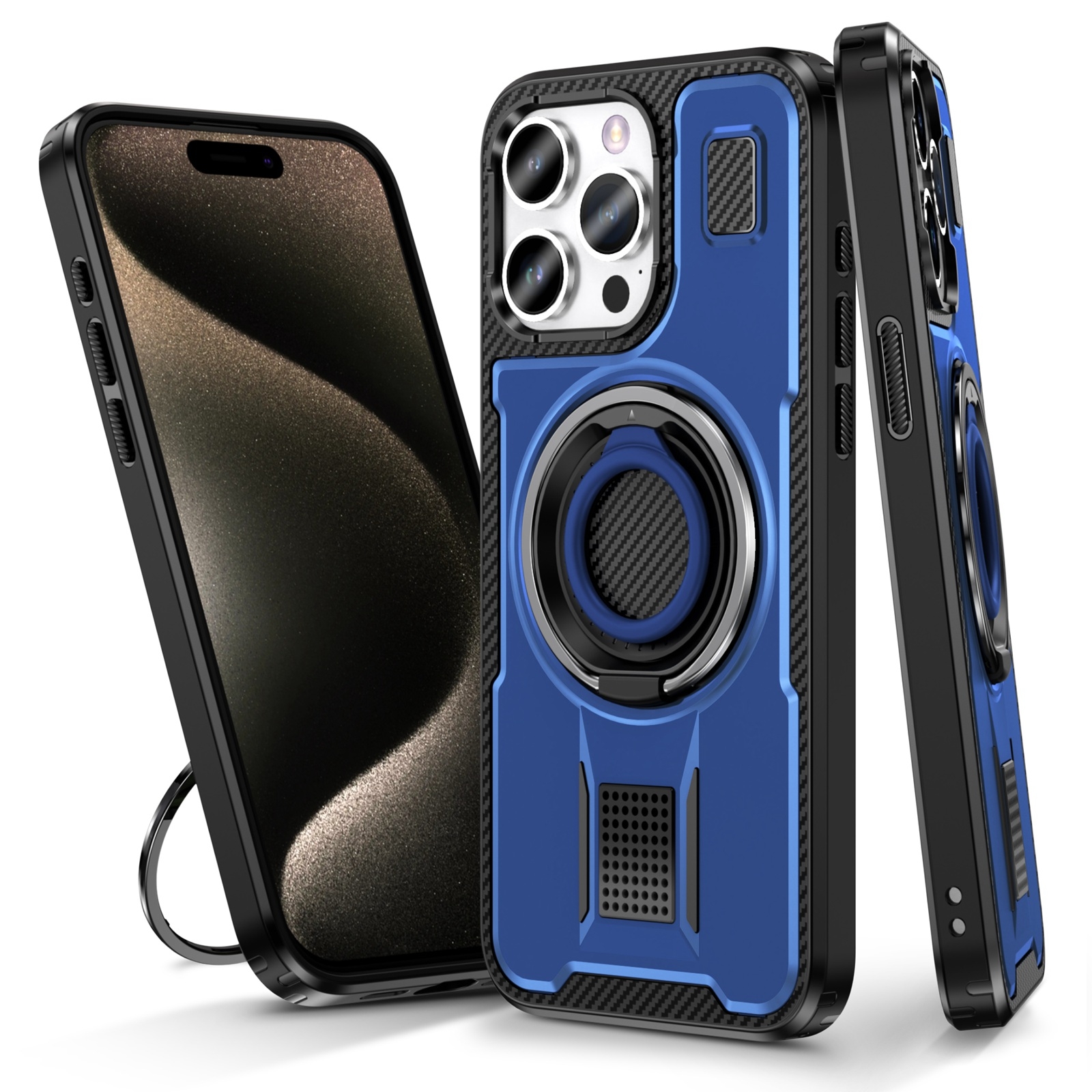 For iPhone 15 Pro Ring Holder Carbon Fiber PC Hybrid TPU Phone Case(Blue) - Shopkiz.com