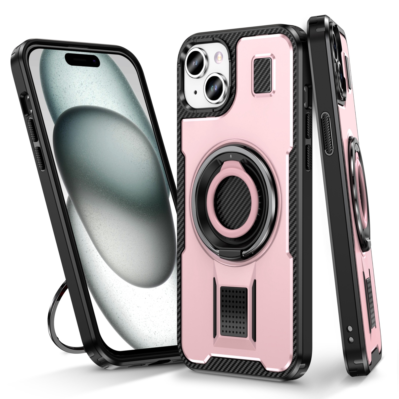 For iPhone 15 Ring Holder Carbon Fiber PC Hybrid TPU Phone Case(Rose Gold) - Shopkiz.com