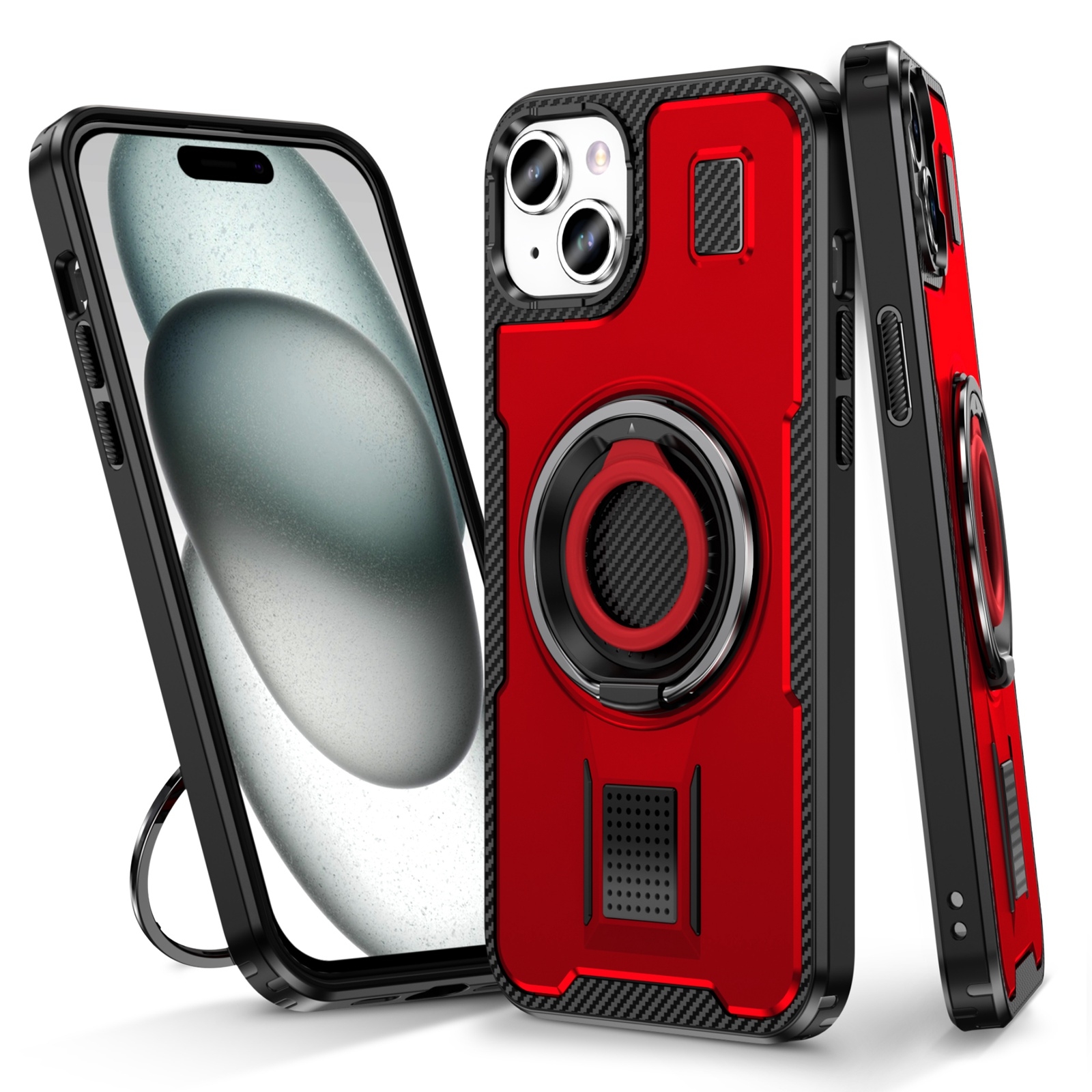 For iPhone 14 / 13 Ring Holder Carbon Fiber PC Hybrid TPU Phone Case(Red) - Shopkiz.com