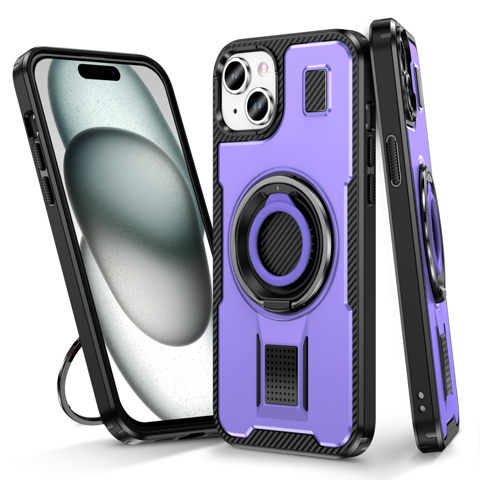 For iPhone 14 / 13 Ring Holder Carbon Fiber PC Hybrid TPU Phone Case(Purple) - Shopkiz.com