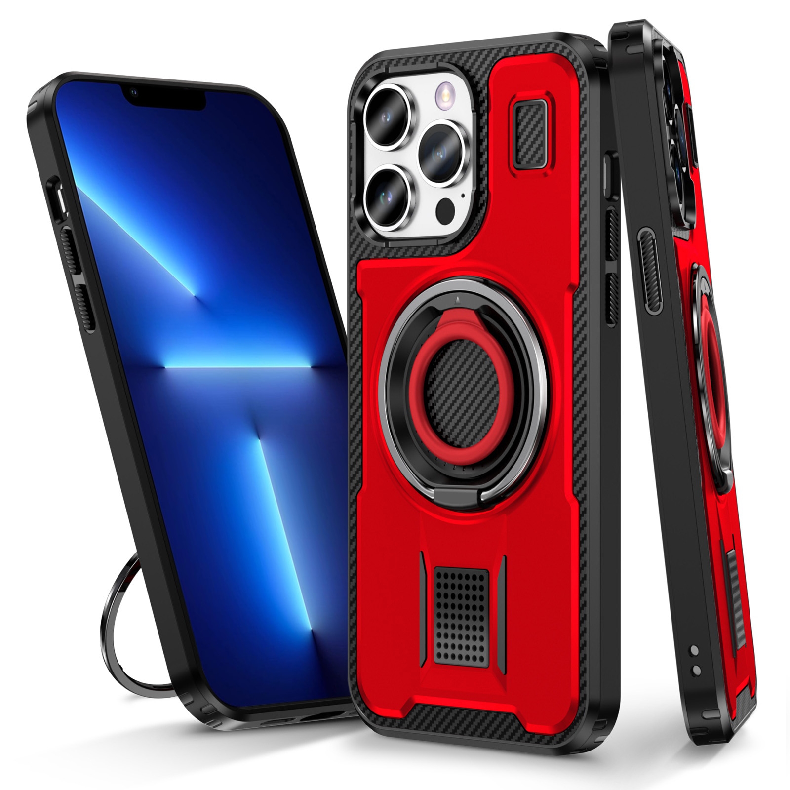 For iPhone 13 Pro Ring Holder Carbon Fiber PC Hybrid TPU Phone Case(Red) - Shopkiz.com