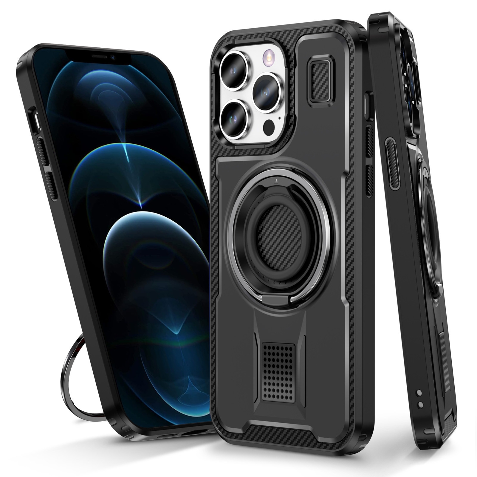 For iPhone 12 / 12 Pro Ring Holder Carbon Fiber PC Hybrid TPU Phone Case(Black) - Shopkiz.com