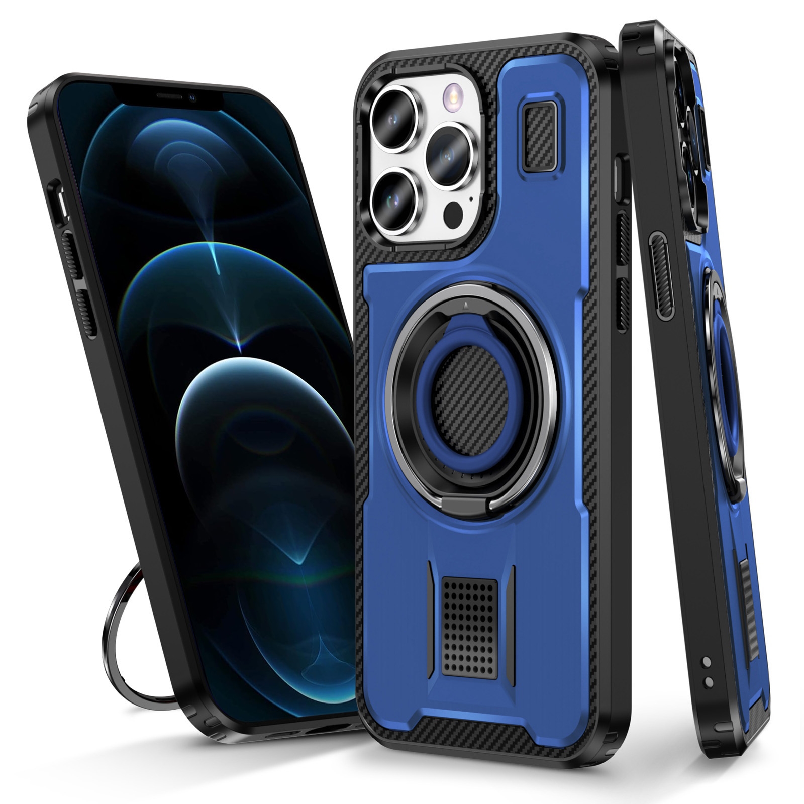 For iPhone 12 / 12 Pro Ring Holder Carbon Fiber PC Hybrid TPU Phone Case(Blue) - Shopkiz.com