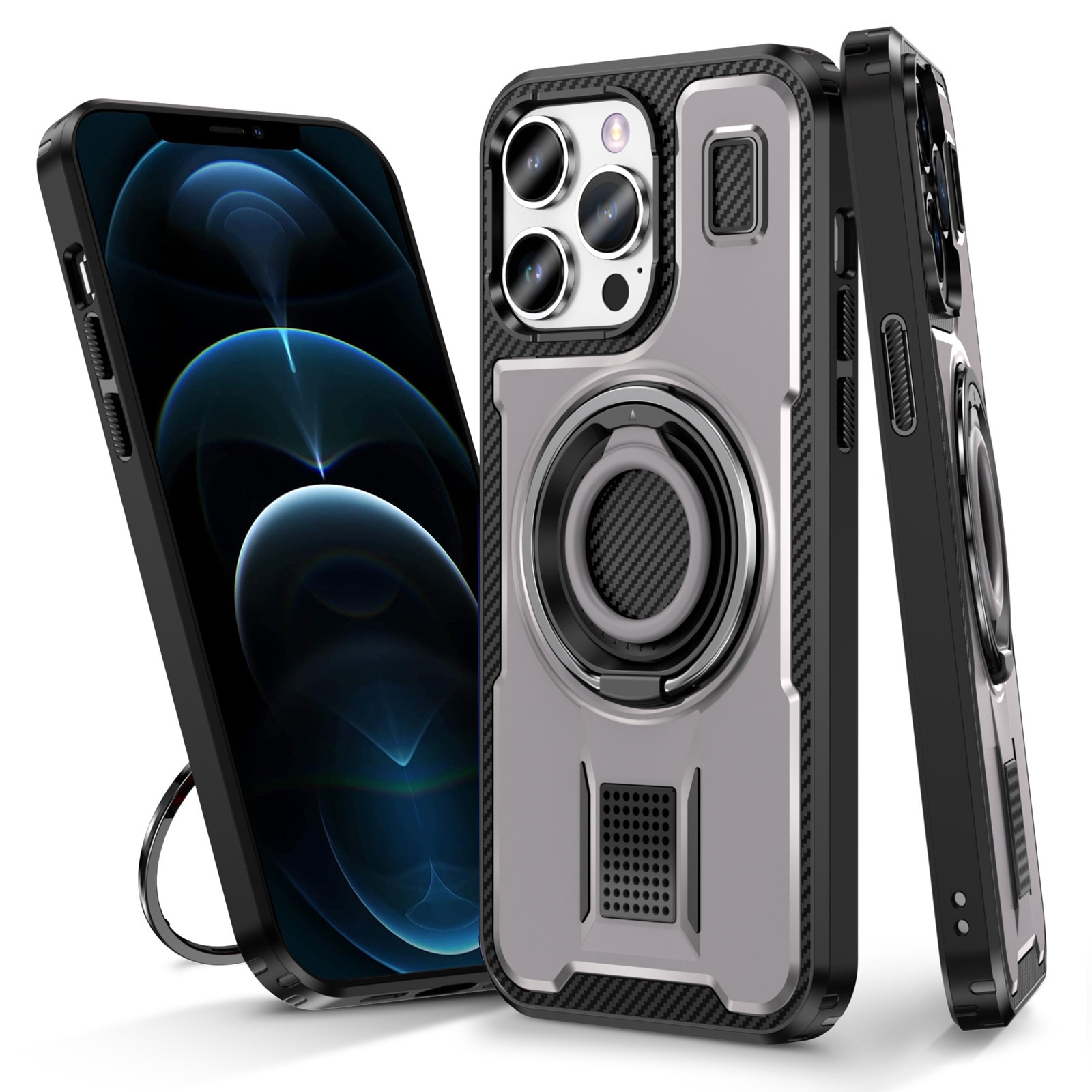 For iPhone 12 Pro Max Ring Holder Carbon Fiber PC Hybrid TPU Phone Case(Grey) - Shopkiz.com