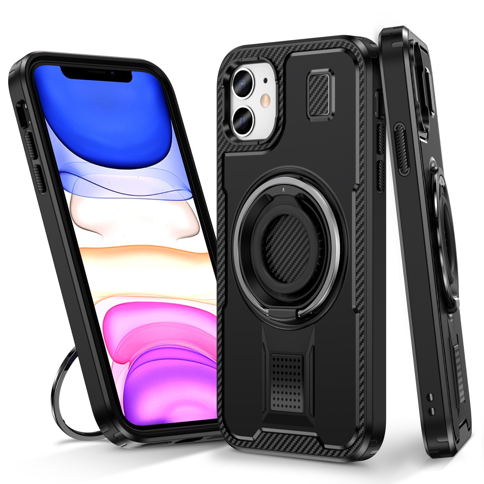 For iPhone 11 Ring Holder Carbon Fiber PC Hybrid TPU Phone Case(Black) - Shopkiz.com