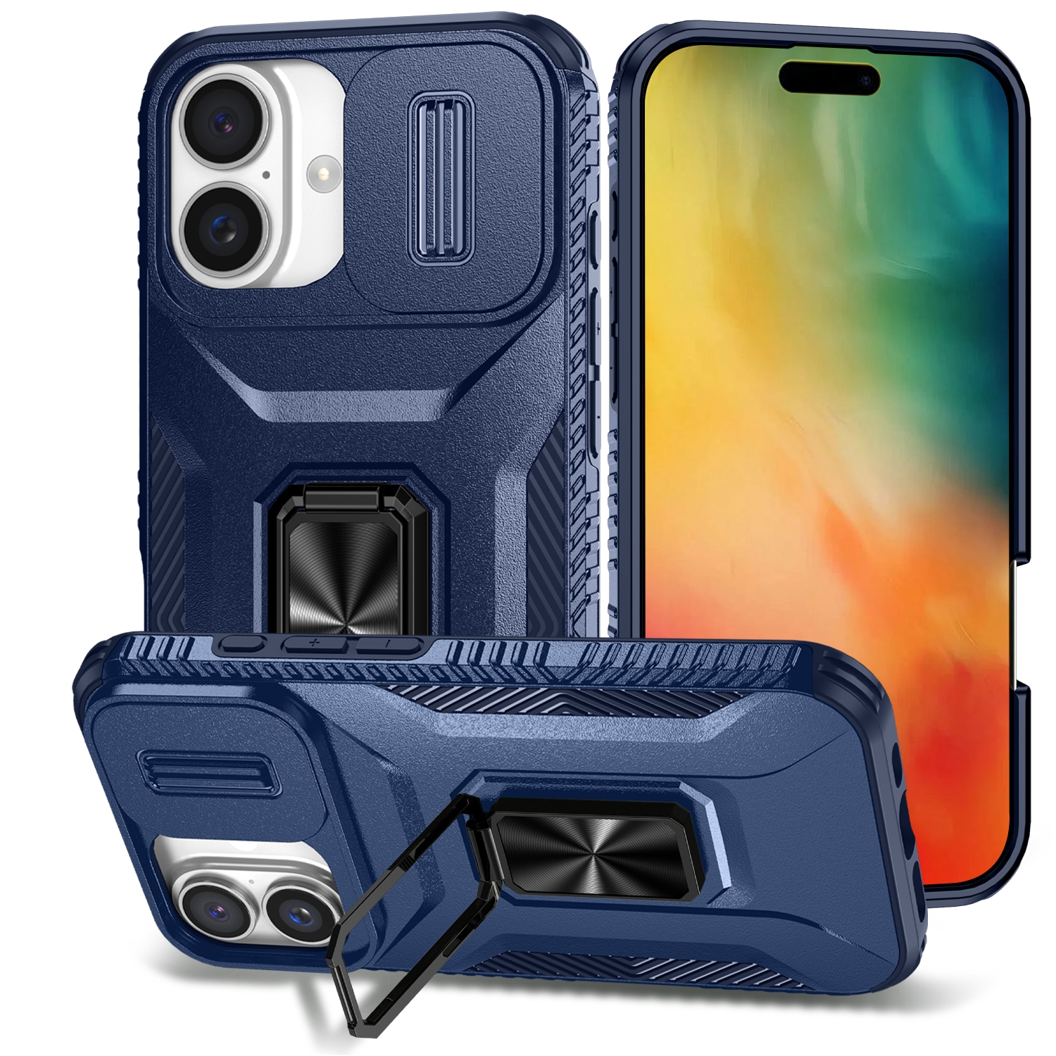 For iPhone 16 Sliding Camshield Holder Phone Case(Blue) - Shopkiz.com