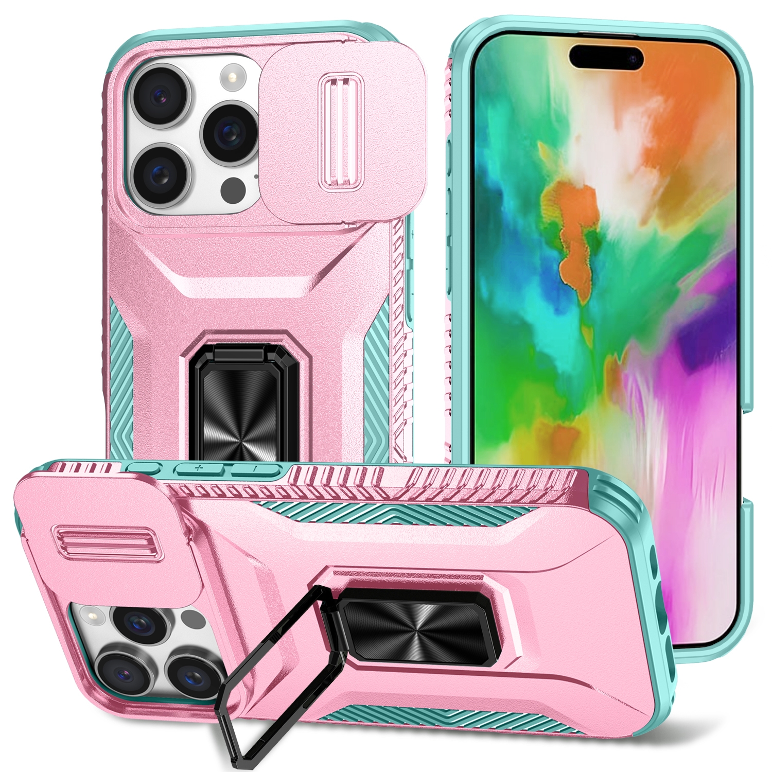 For iPhone 16 Pro Sliding Camshield Holder Phone Case(Pink + Grey Green) - Shopkiz.com