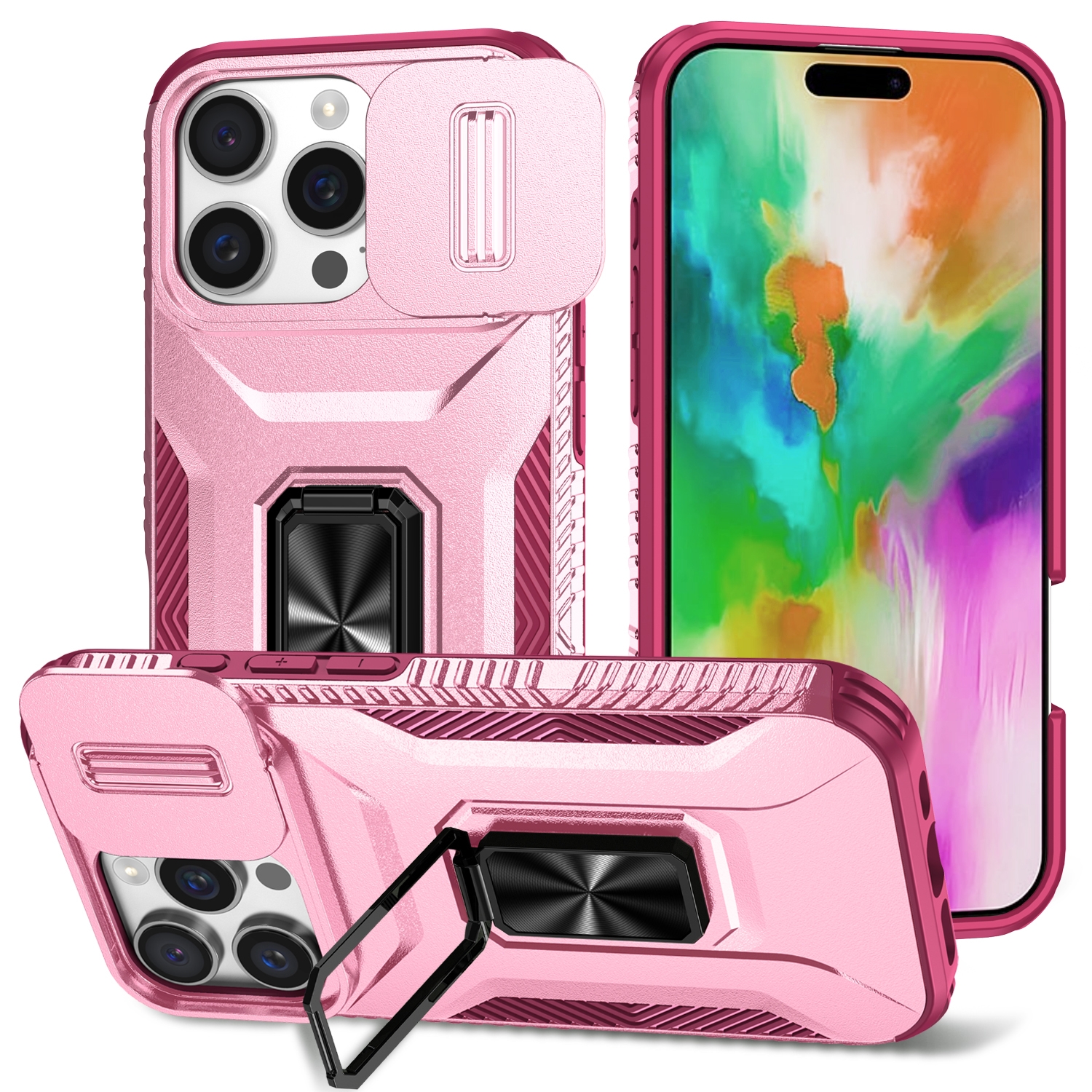 For iPhone 16 Pro Max Sliding Camshield Holder Phone Case(Pink + Rose Red) - Shopkiz.com