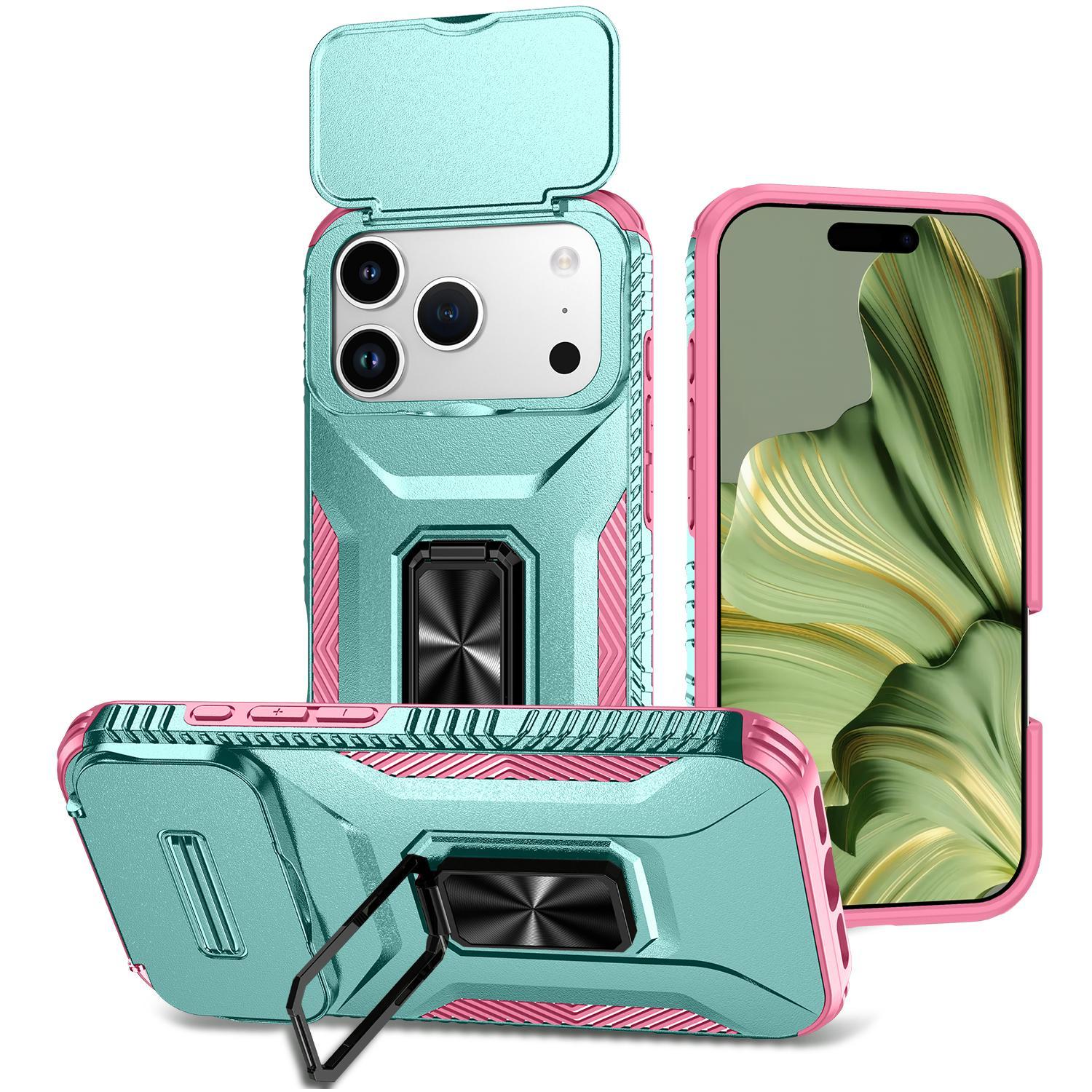 For iPhone 18 Pro Max Sliding Camshield Holder Phone Case(Pink + Grey Green) - Shopkiz.com