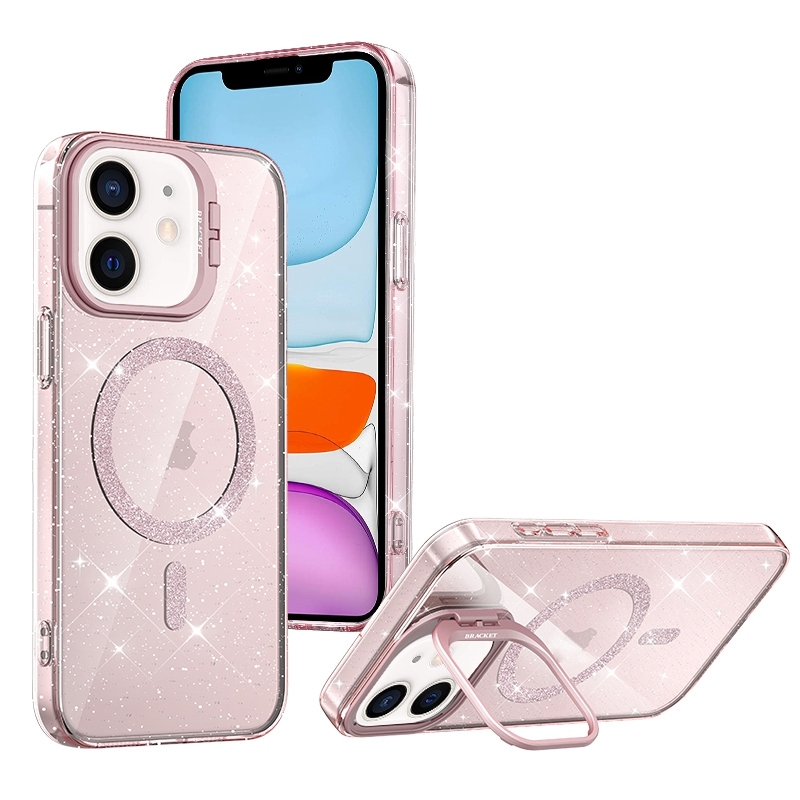 For iPhone 11 Shiny Shield MagSafe Lens Holder Phone Case(Pink) - Shopkiz.com