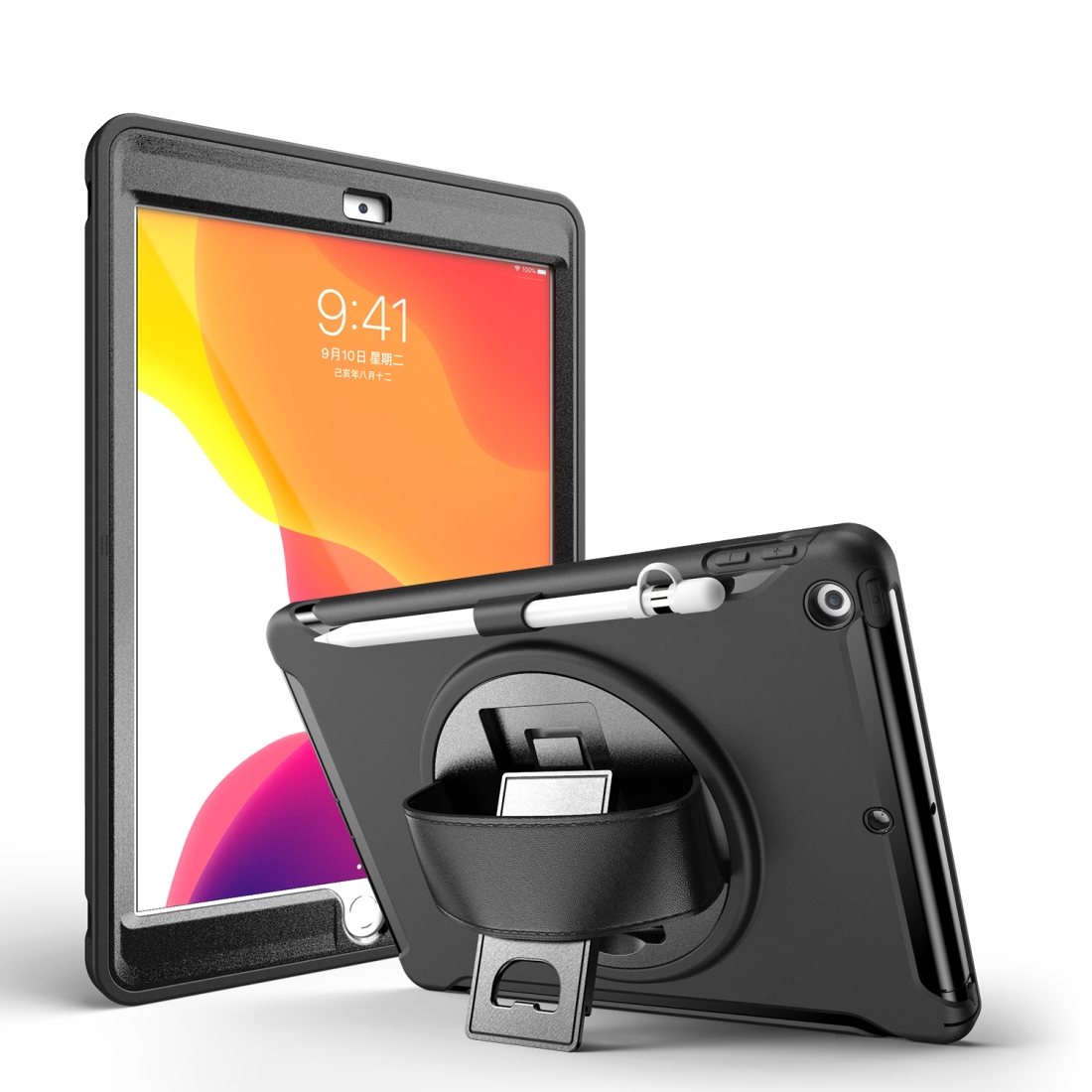 For iPad 10.2 360 Degree Rotation PC+TPU Protective Cover with Holder & Hand Strap & Pen Slot(Black) - Shopkiz.com