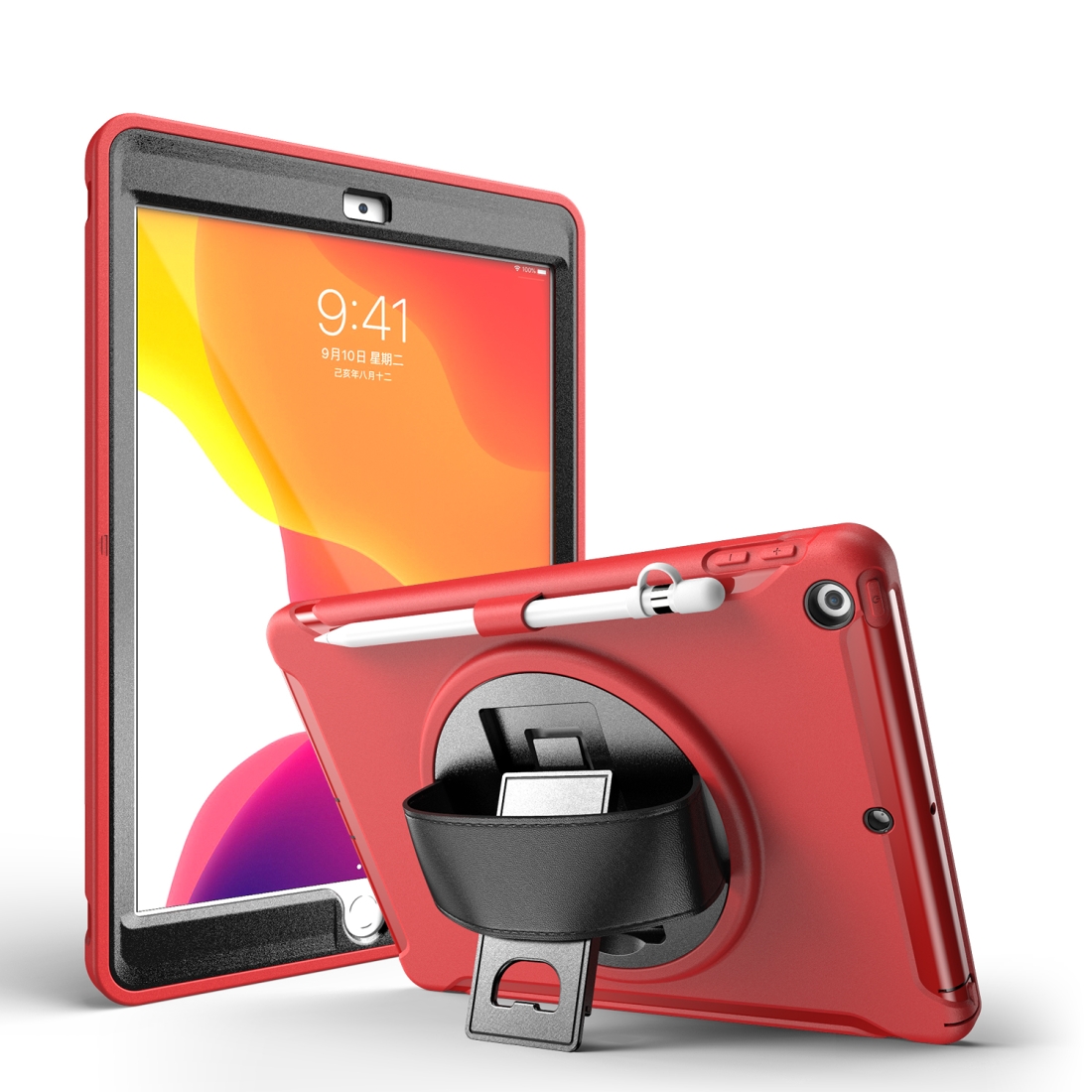 For iPad 10.2 360 Degree Rotation PC+TPU Protective Cover with Holder & Hand Strap & Pen Slot(Red) - Shopkiz.com