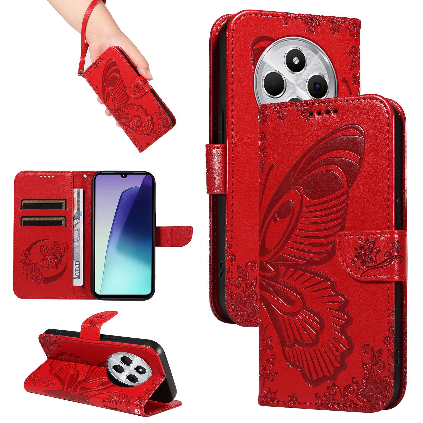 For Redmi 17C/14C 4G/A4 5G/Poco C75 5G Swallowtail Butterfly Embossed Leather Phone Case(Red) - Shopkiz.com
