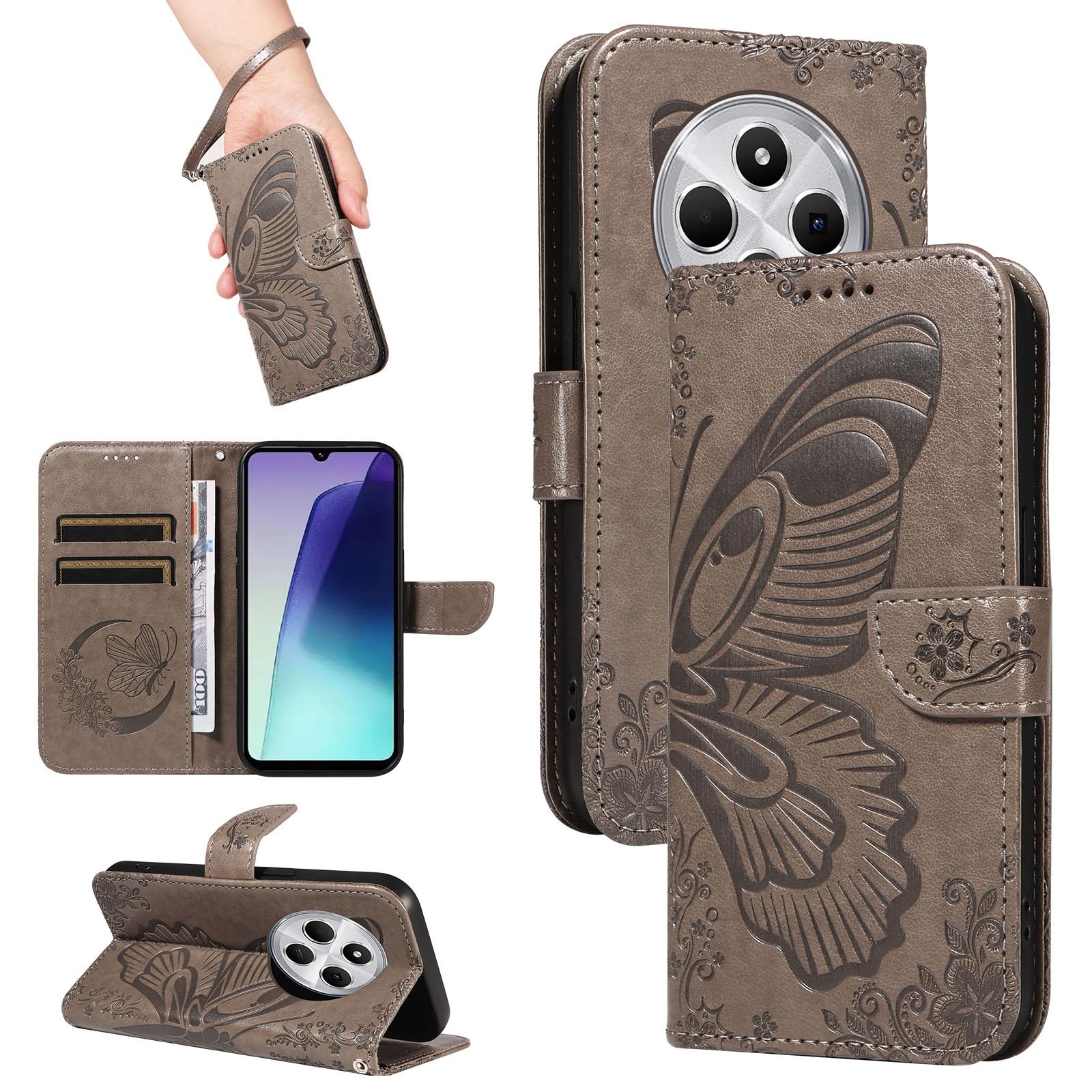 For Redmi 17C/14C 4G/A4 5G/Poco C75 5G Swallowtail Butterfly Embossed Leather Phone Case(Grey) - Shopkiz.com