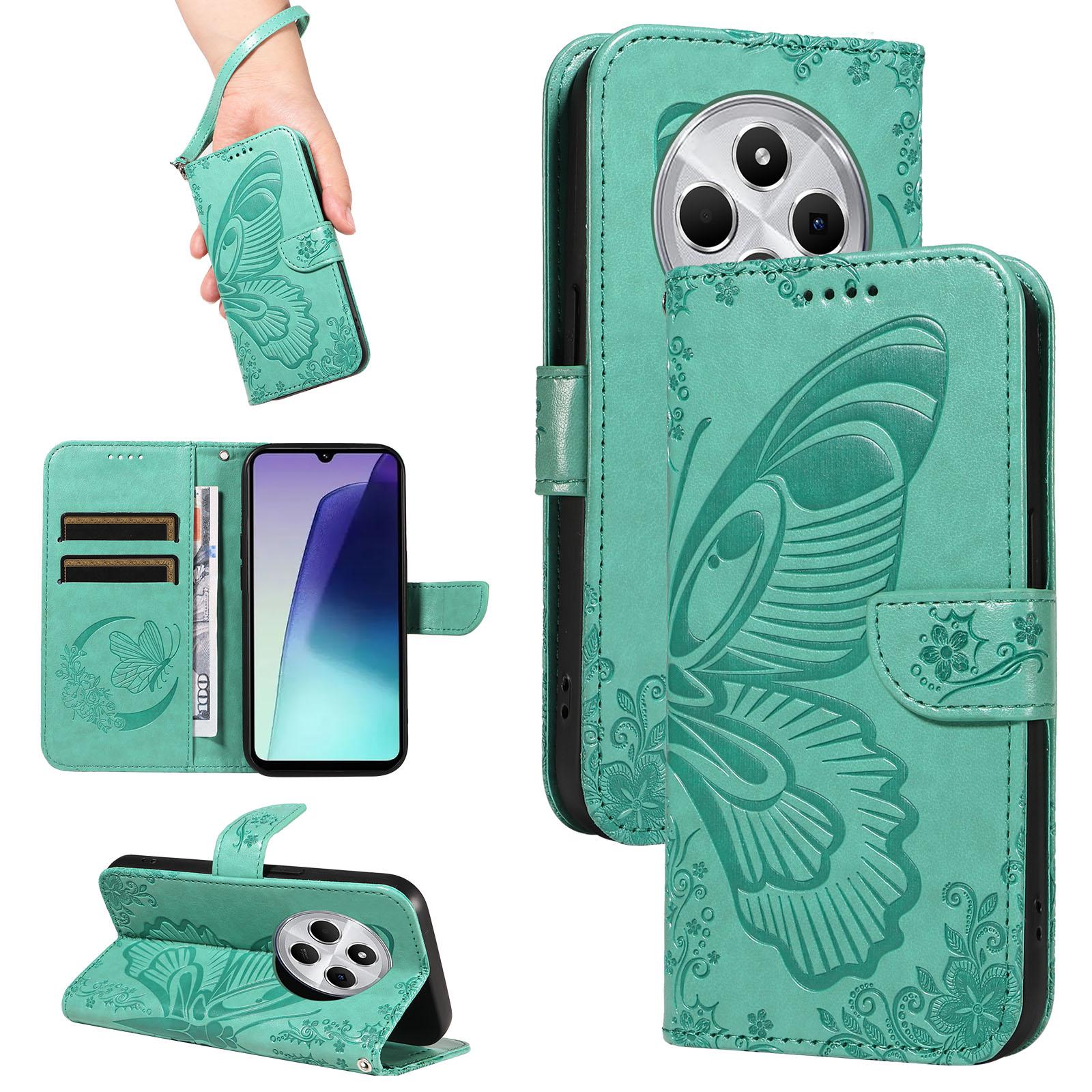 For Redmi 17C/14C 4G/A4 5G/Poco C75 5G Swallowtail Butterfly Embossed Leather Phone Case(Green) - Shopkiz.com