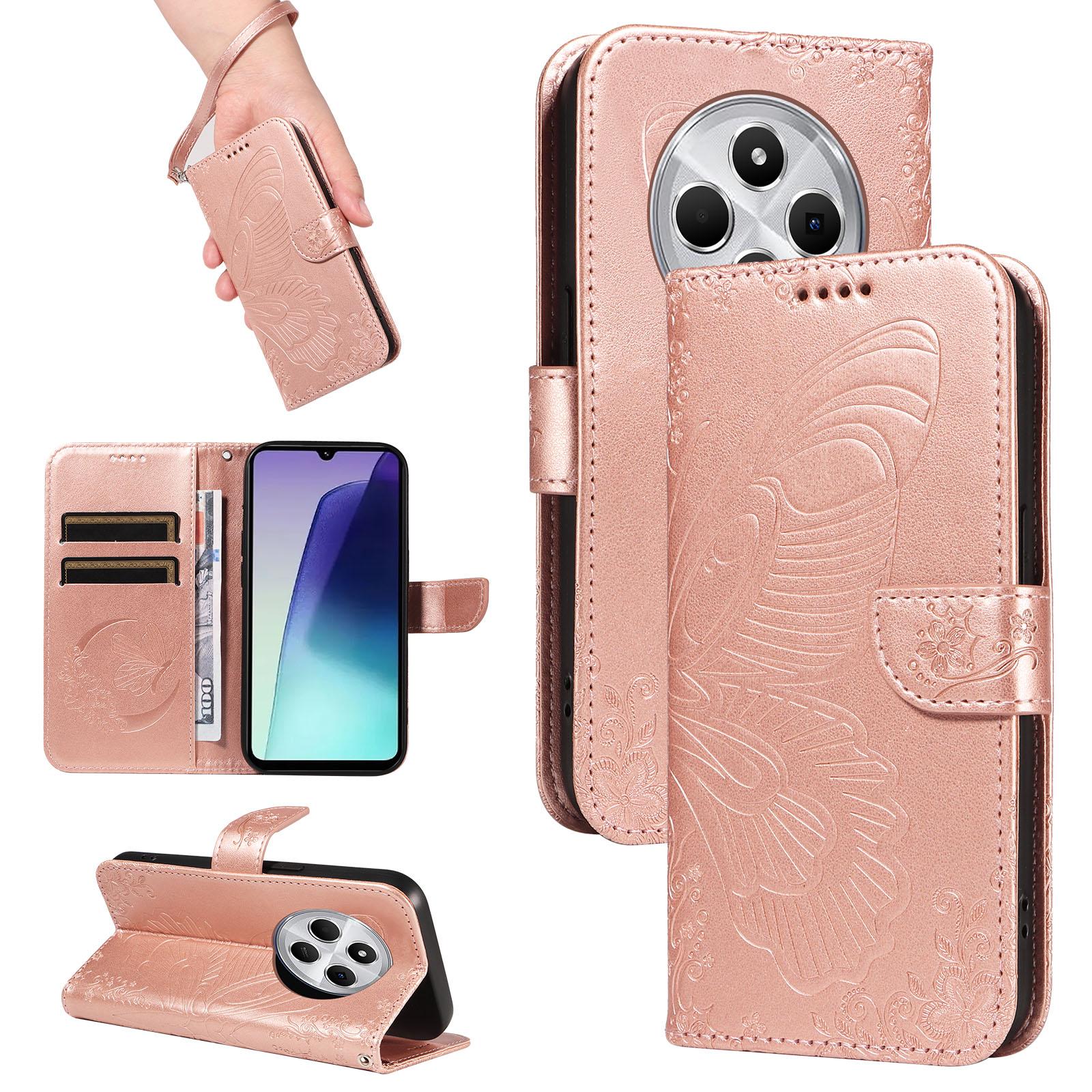 For Redmi 17C/14C 4G/A4 5G/Poco C75 5G Swallowtail Butterfly Embossed Leather Phone Case(Rose Gold) - Shopkiz.com