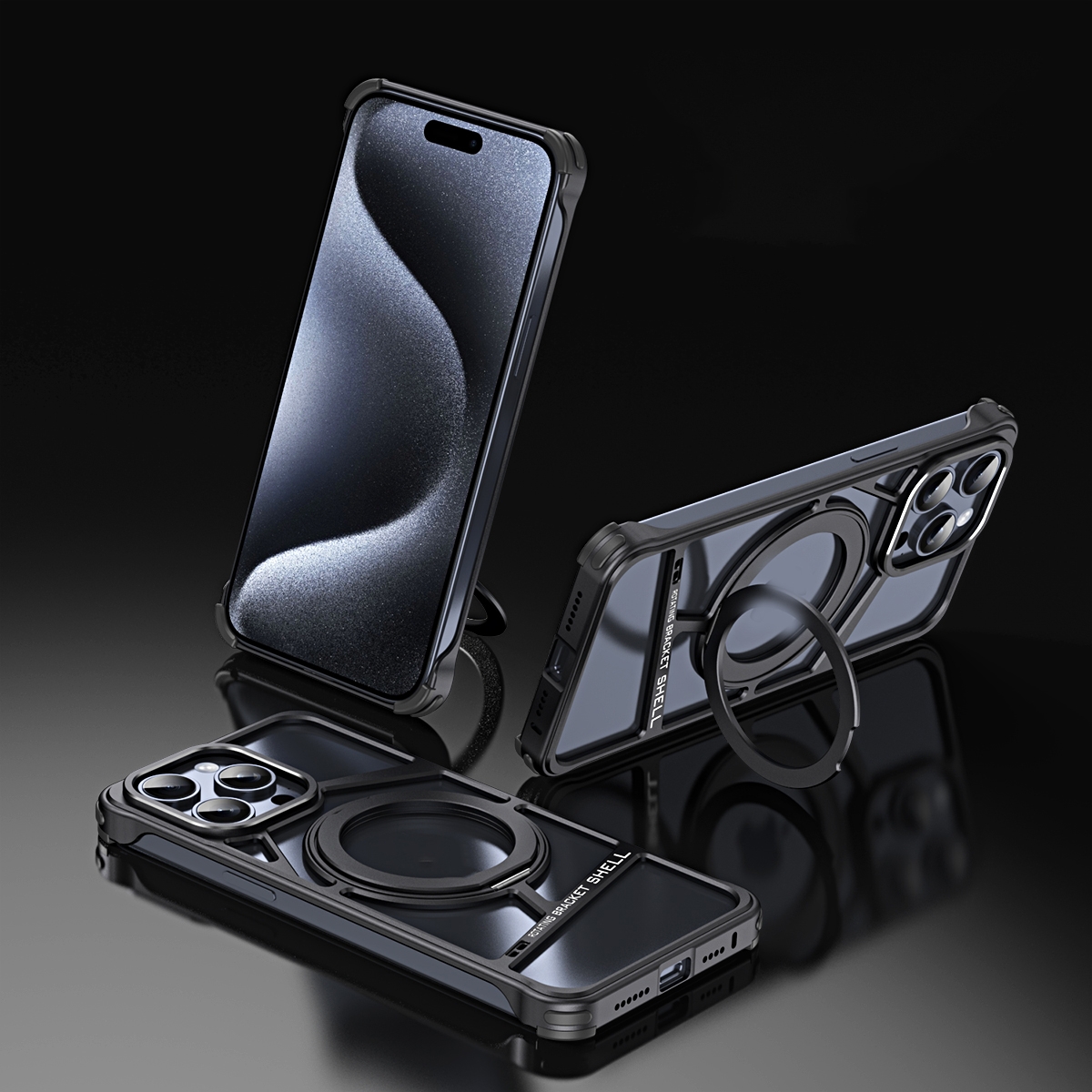 For iPhone 15 Pro Max Lingkong Series MagSafe Metal Phone Case with Holder(Black) - Shopkiz.com