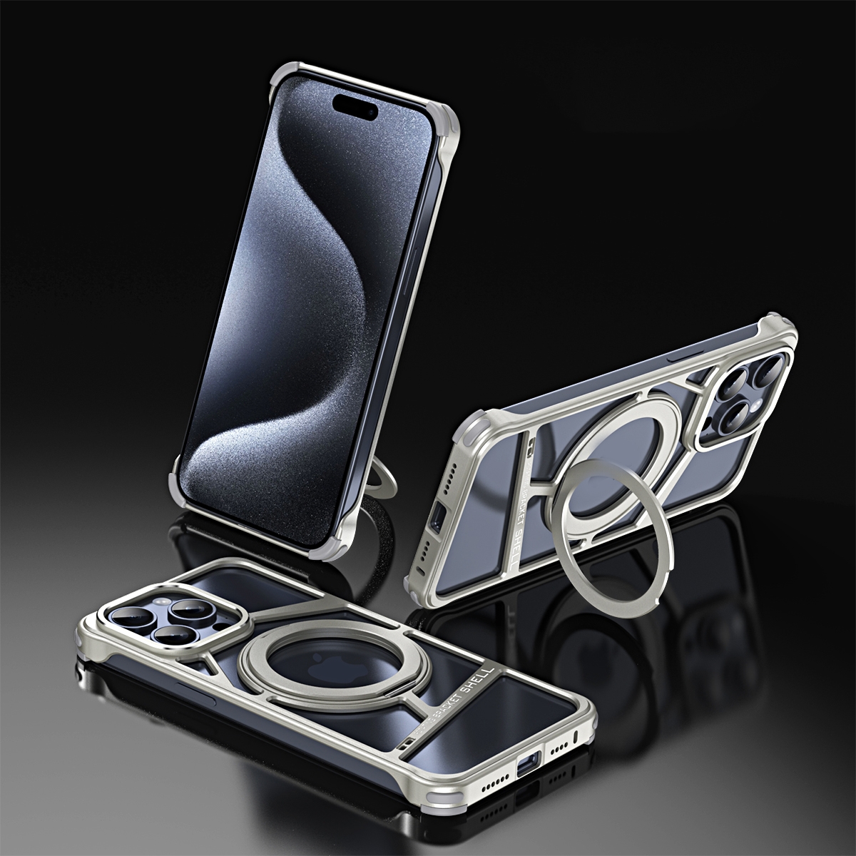 For iPhone 15 Pro Lingkong Series MagSafe Metal Phone Case with Holder(Titanium) - Shopkiz.com