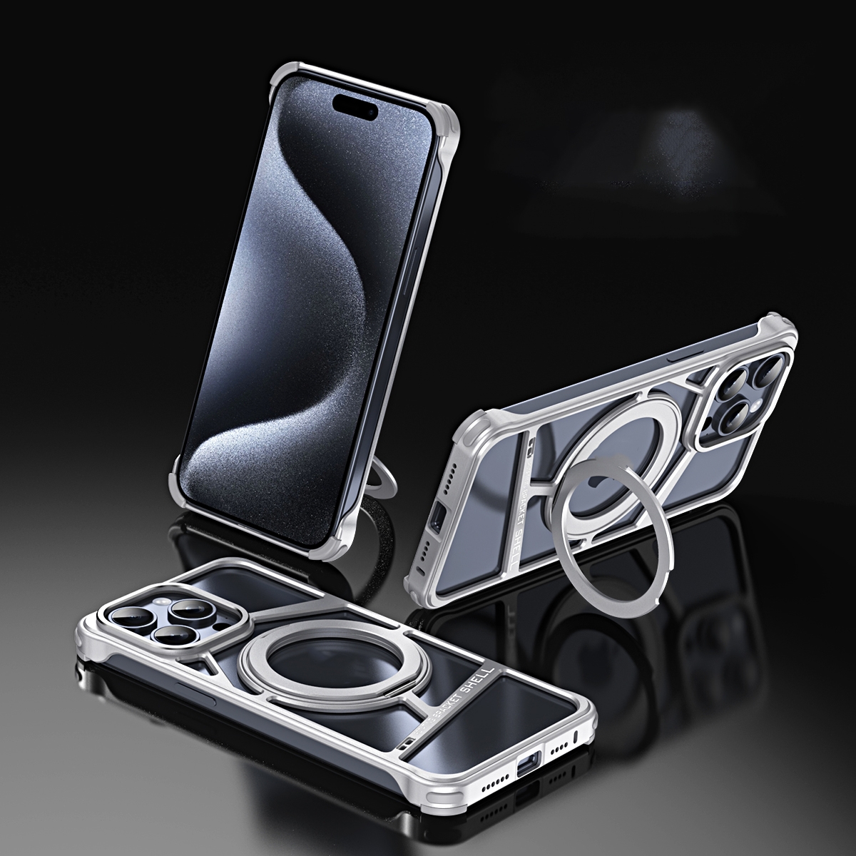 For iPhone 13 Pro Max Lingkong Series MagSafe Metal Phone Case with Holder(Silver) - Shopkiz.com