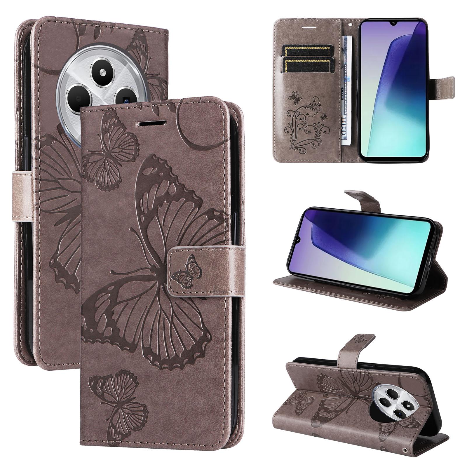 For Redmi 17C/14C 4G/A4 5G/Poco C75 5G 3D Butterfly Embossed Pattern Flip Leather Phone Case(Grey) - Shopkiz.com