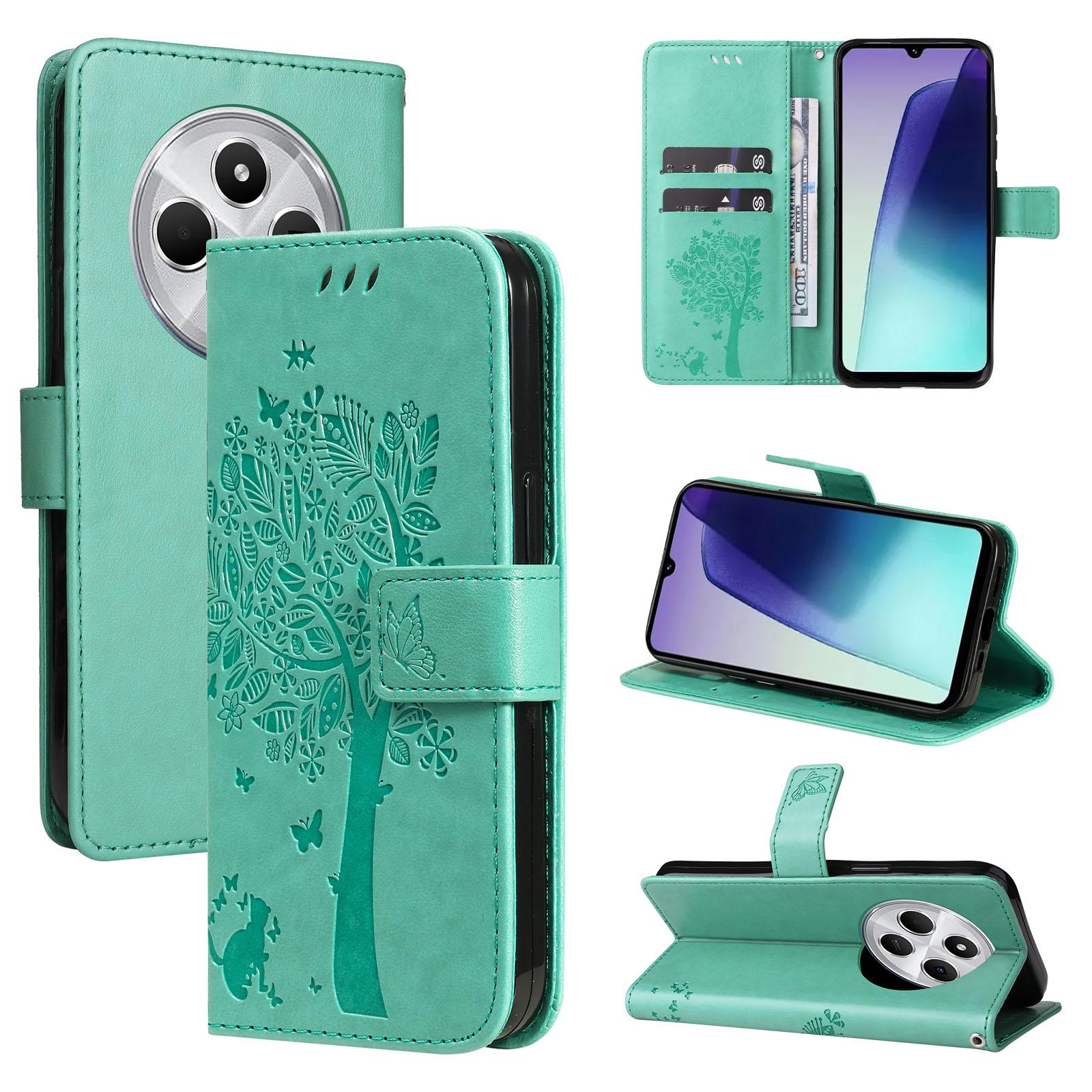 For Redmi 17C/14C 4G/A4 5G/Poco C75 5G Tree & Cat Embossed Pattern Flip Leather Phone Case(Green) - Shopkiz.com
