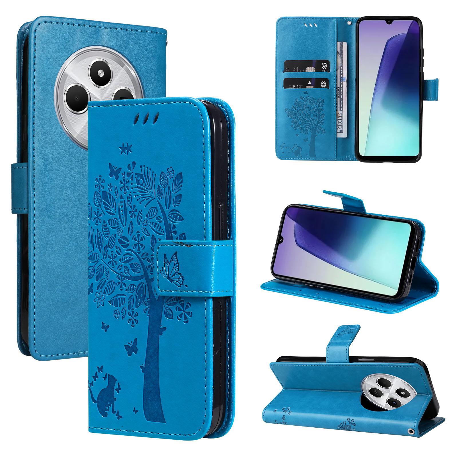 For Redmi 17C/14C 4G/A4 5G/Poco C75 5G Tree & Cat Embossed Pattern Flip Leather Phone Case(Blue) - Shopkiz.com