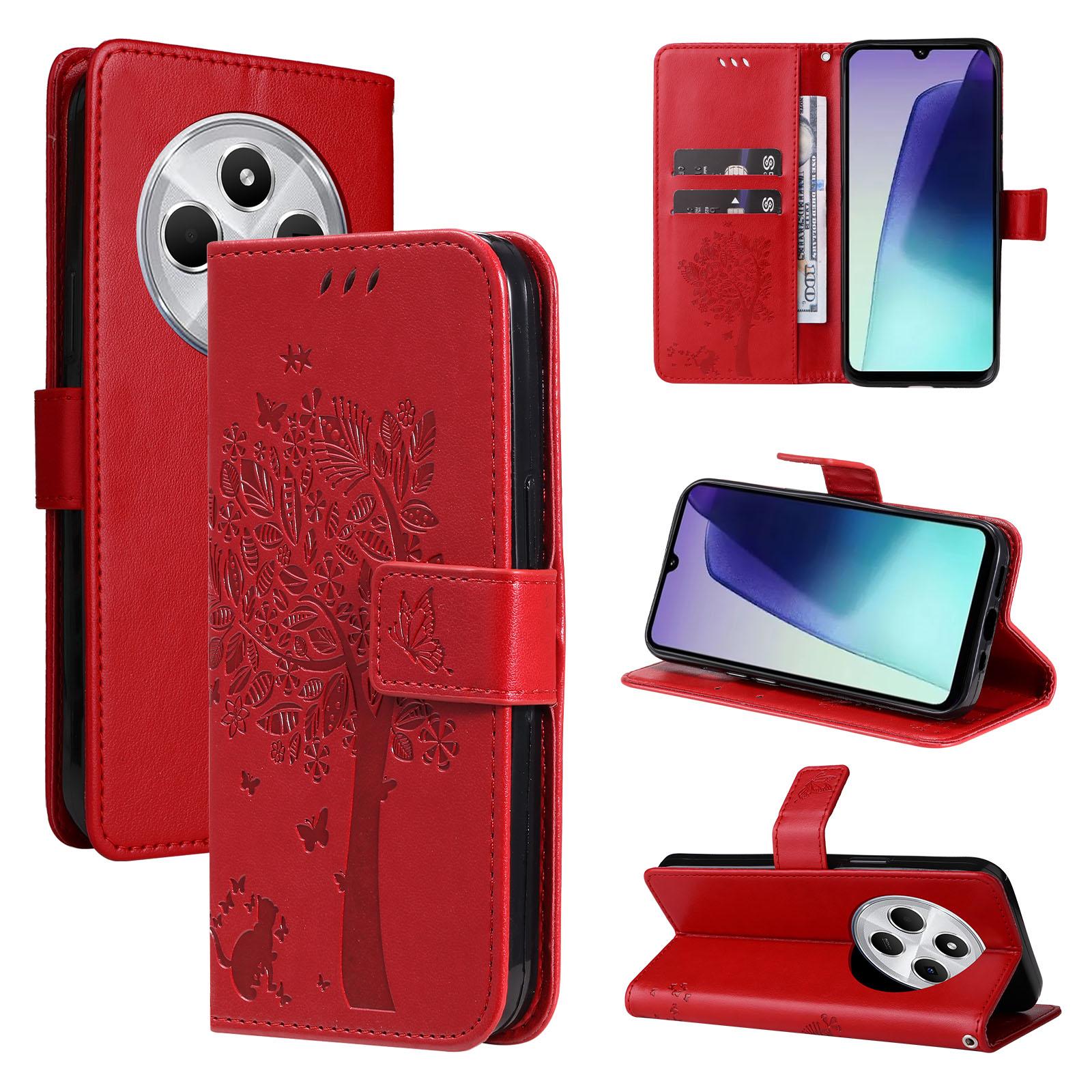 For Redmi 17C/14C 4G/A4 5G/Poco C75 5G Tree & Cat Embossed Pattern Flip Leather Phone Case(Red) - Shopkiz.com