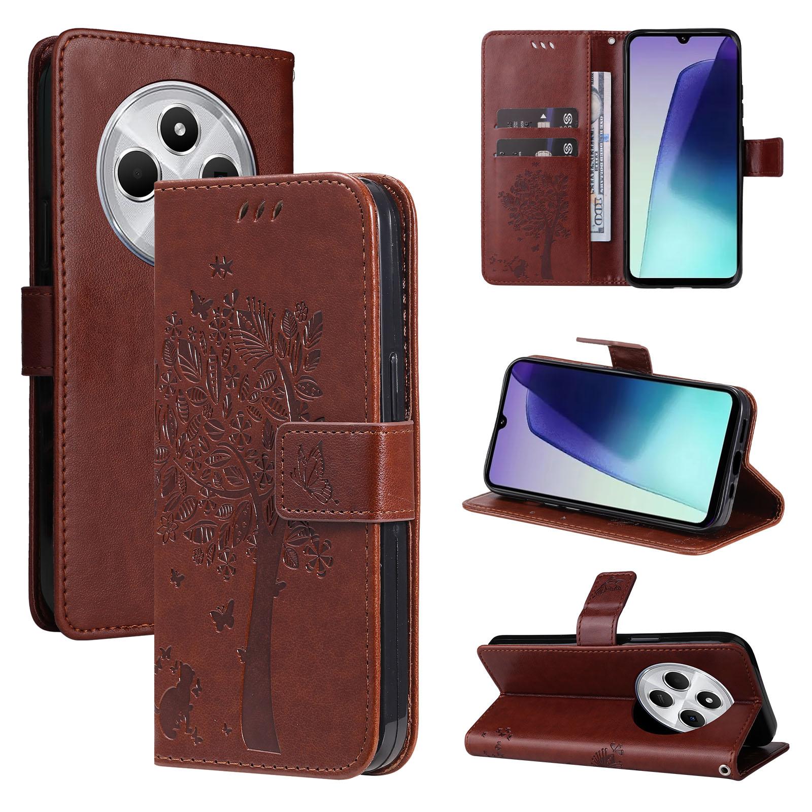 For Redmi 17C/14C 4G/A4 5G/Poco C75 5G Tree & Cat Embossed Pattern Flip Leather Phone Case(Coffee) - Shopkiz.com