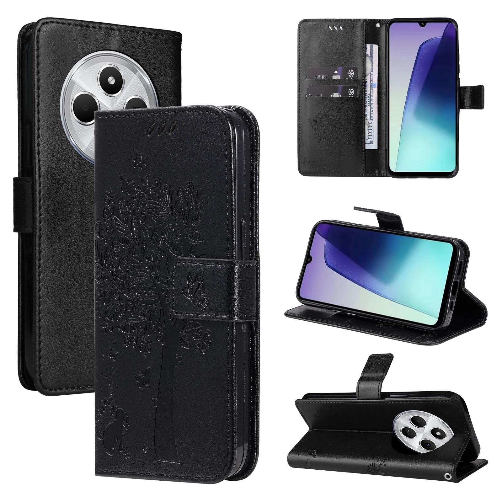 For Redmi 17C/14C 4G/A4 5G/Poco C75 5G Tree & Cat Embossed Pattern Flip Leather Phone Case(Black) - Shopkiz.com
