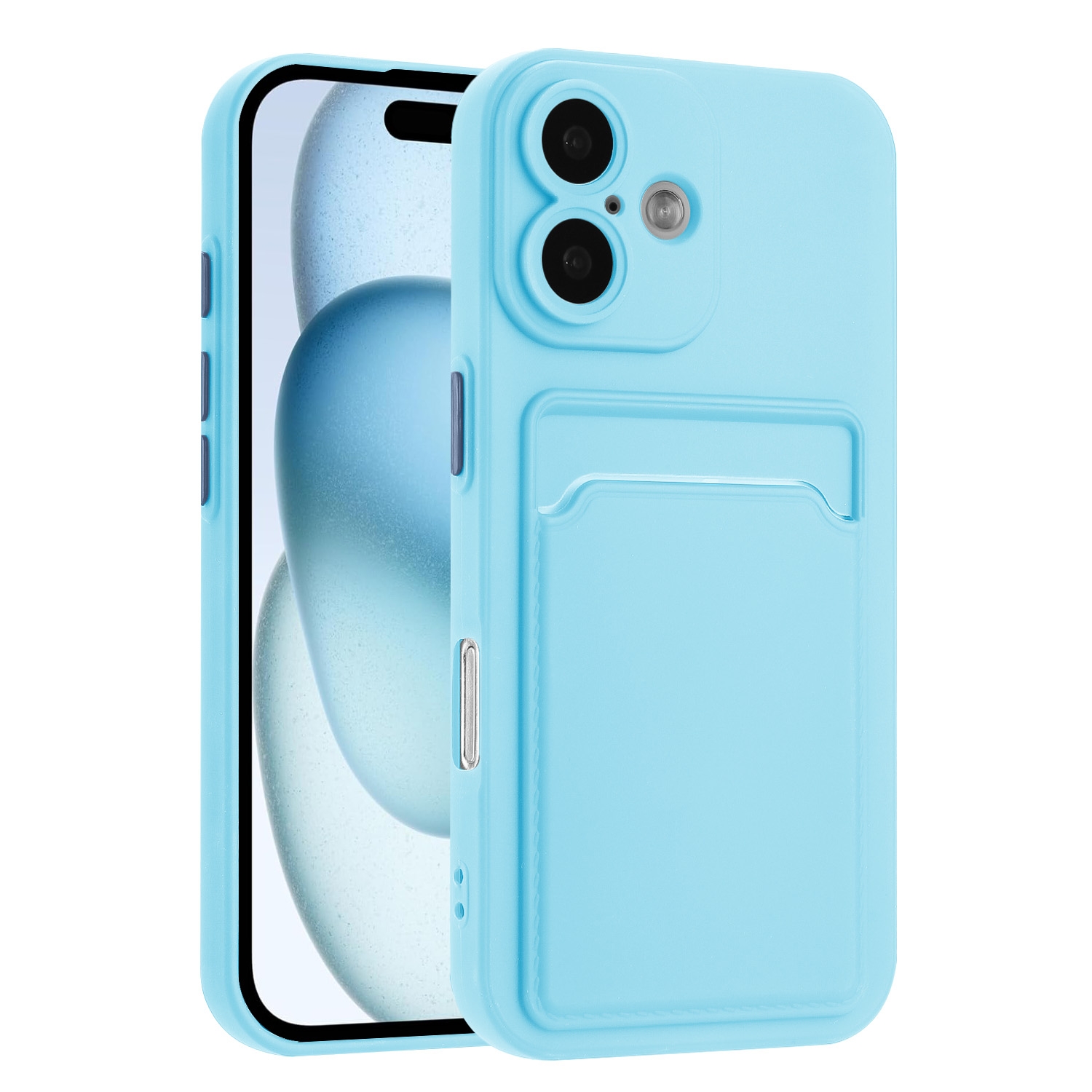 For iPhone 16 Skin Feel Card Contrast Color Button TPU Phone Case(Sky Blue) - Shopkiz.com