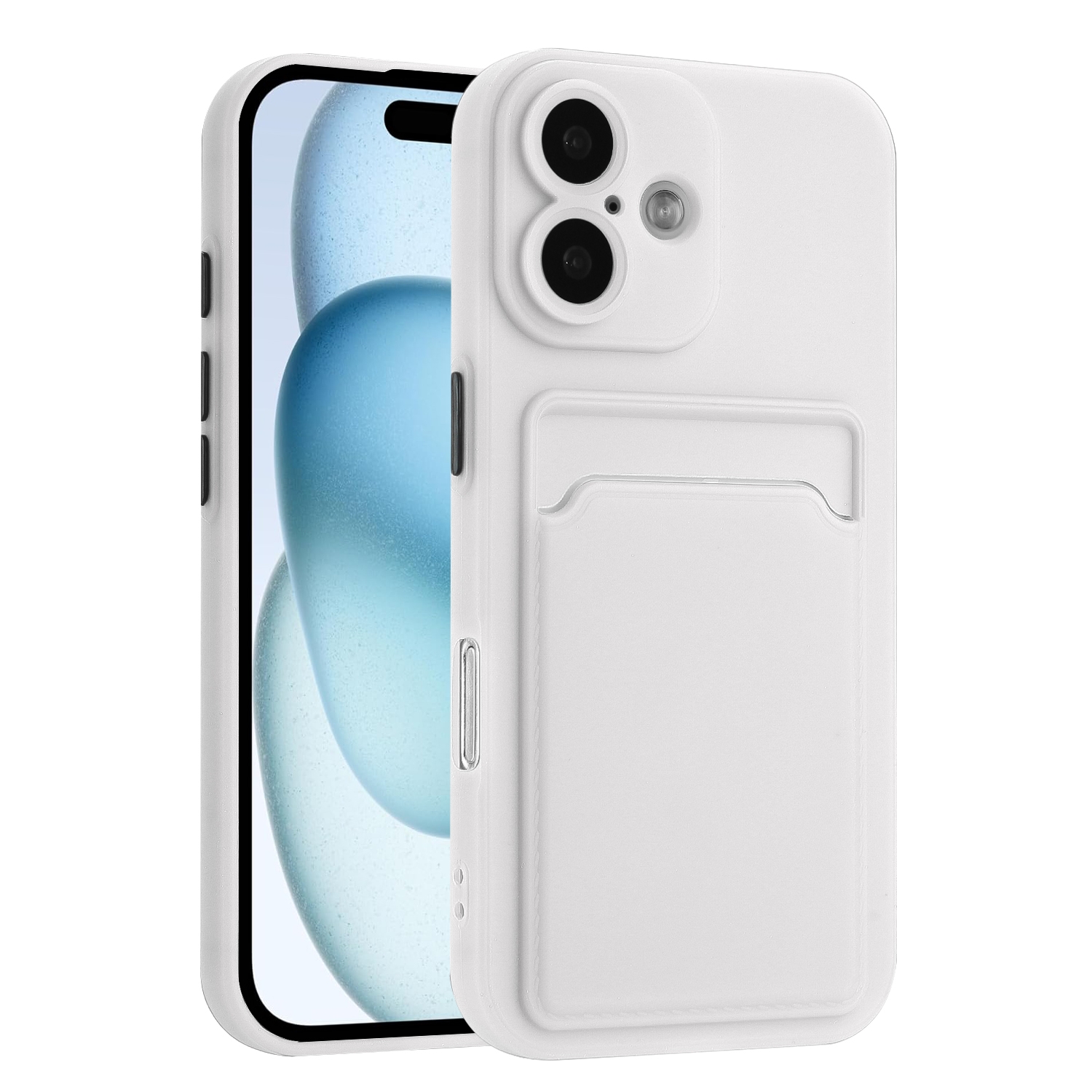 For iPhone 16 Skin Feel Card Contrast Color Button TPU Phone Case(White) - Shopkiz.com