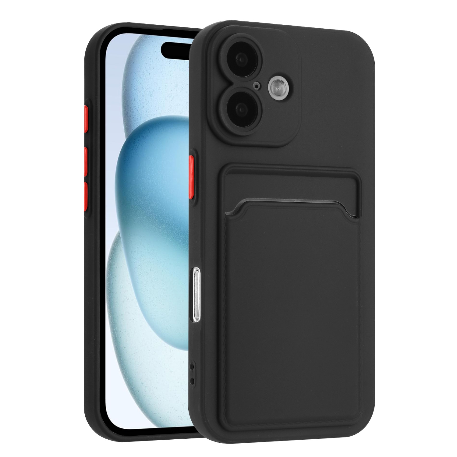 For iPhone 16 Plus Skin Feel Card Contrast Color Button TPU Phone Case(Black) - Shopkiz.com